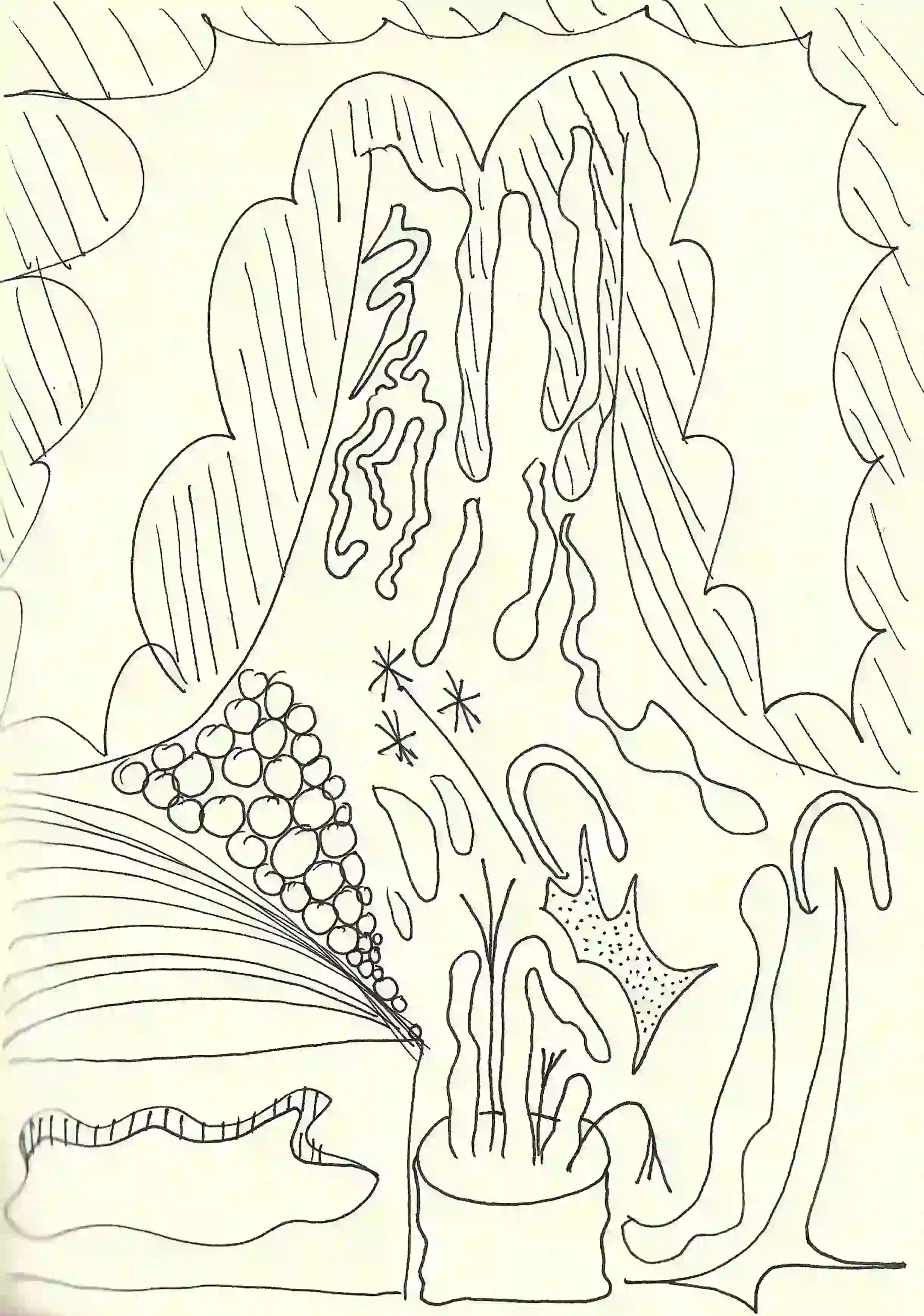 Black and white sketch showing elements of the baking process, including hands kneading dough, a steaming mug, and abstract representations of food ingredients. The artwork emphasizes fluid lines and organic shapes, created as part of the creative process for the Flourly app by Jhon Boy in collaboration with Bakken & Bæck.