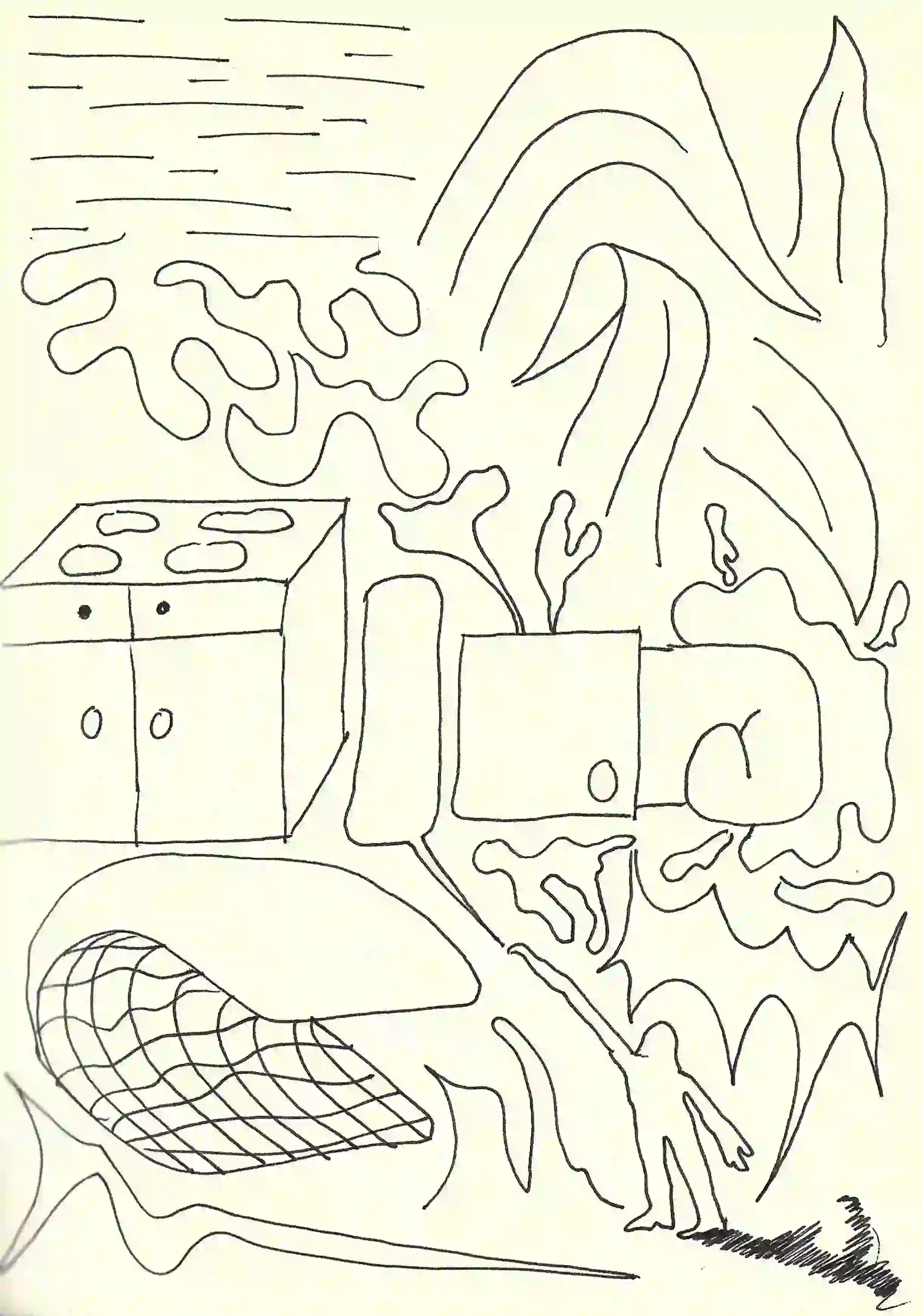 A sketch featuring a mix of abstract and realistic forms, including kitchen equipment, plants, and flowing lines that evoke movement. This illustration reflects the conceptual stages of the Flourly app’s design, created by Jhon Boy for Bakken & Bæck.