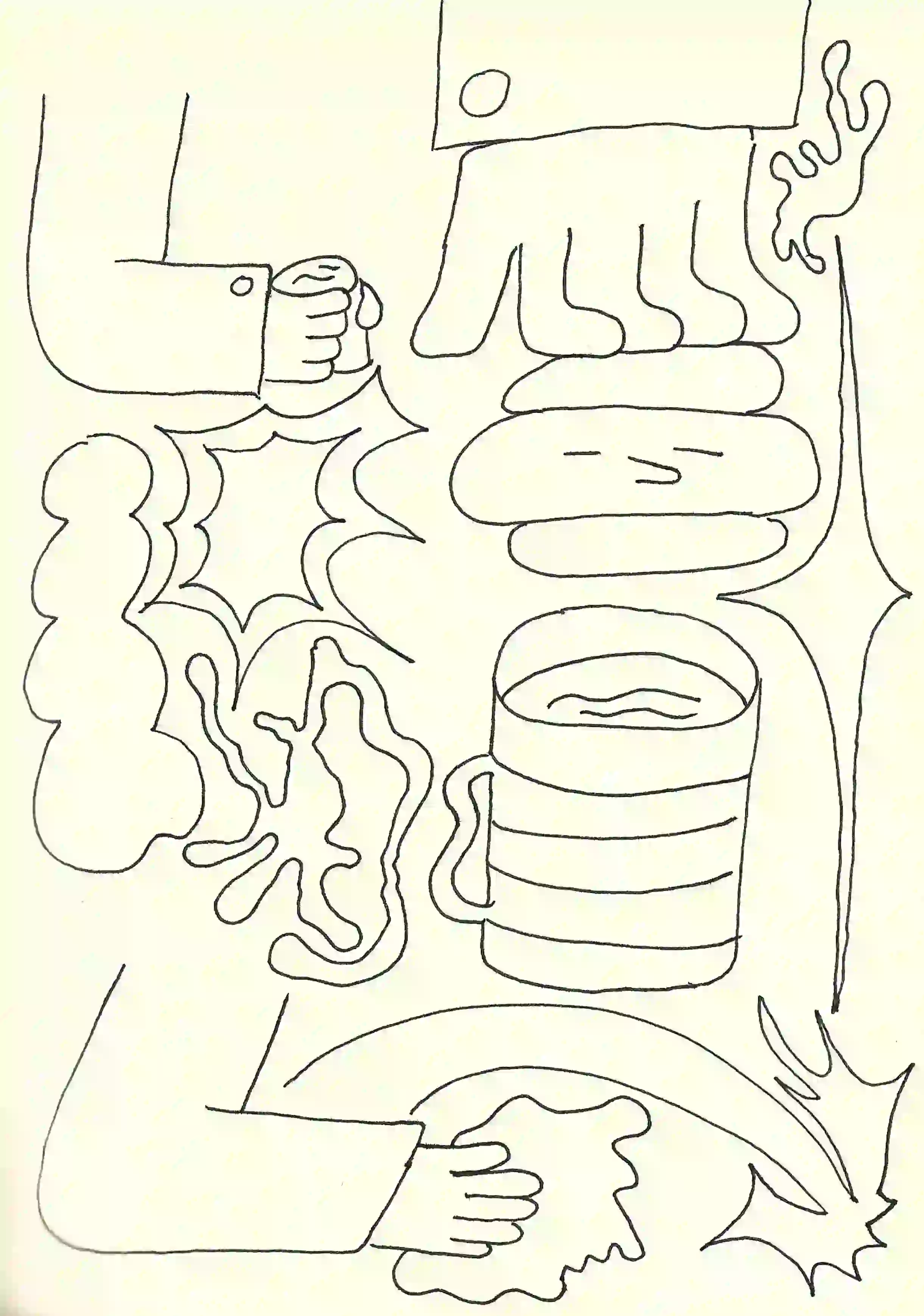 Detailed sketch with dynamic and organic shapes, depicting elements such as flowing water, a container of grapes, and plant life, merged into an imaginative composition. This drawing is a part of Jhon Boy’s creative process for the Flourly app, in collaboration with Bakken & Bæck.