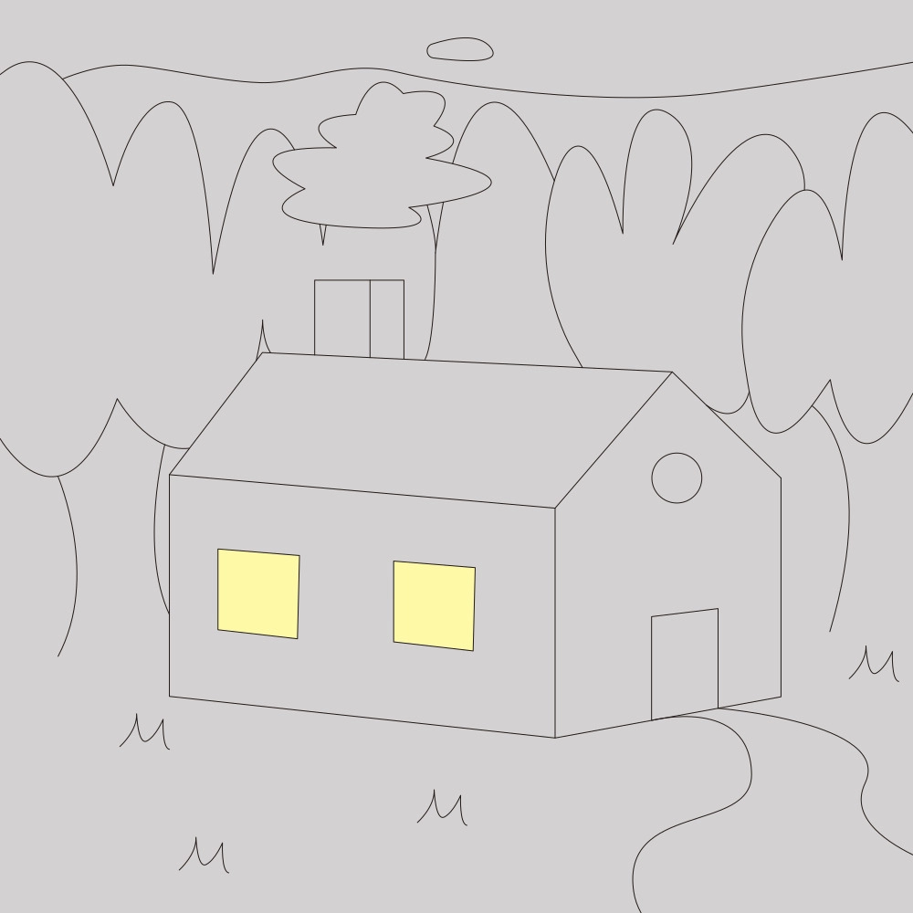 Final panel of a comic by Jhon Boy. A simple gray cabin with two lit yellow windows sits in the middle of a forested area, surrounded by trees and a winding path under a minimalistic sky.