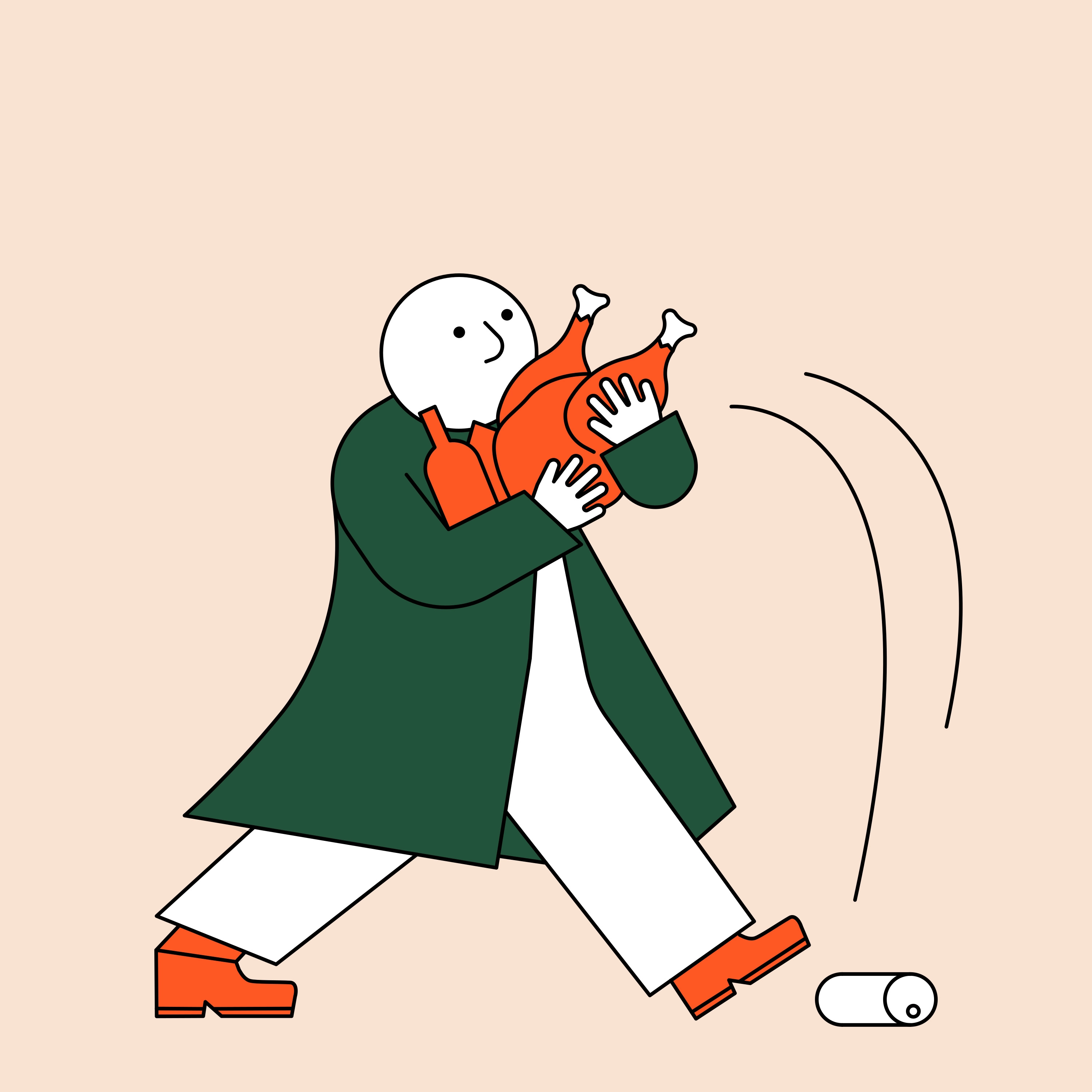 A single stylized character dressed in a dark green coat, holding a turkey and a bottle, walking briskly, while a can rolls nearby on a beige background. Part of Ace & Tate’s winter campaign illustrated by Jhon Boy.