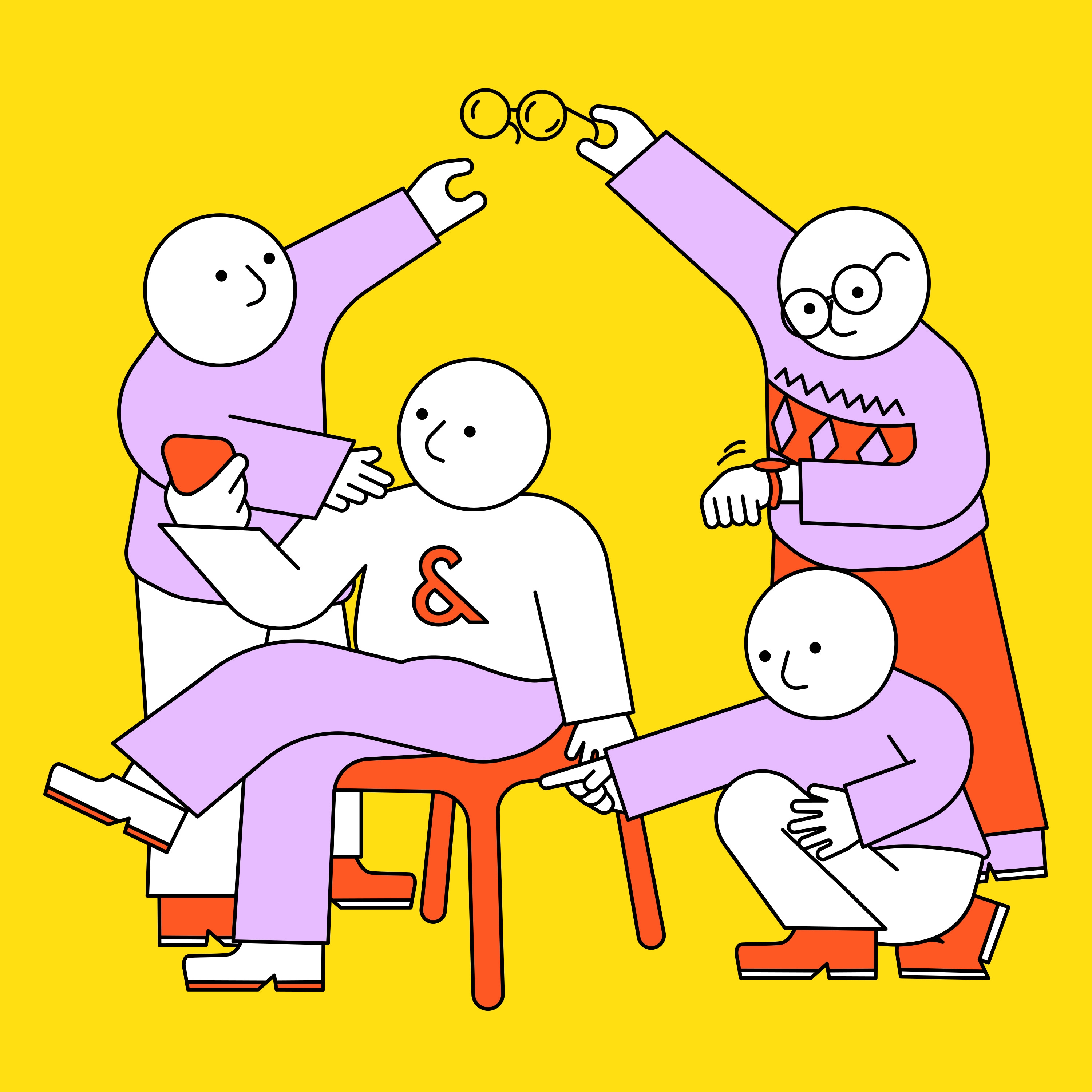 Four stylized characters surrounding one sitting on a red chair, actively interacting and handing over glasses. The background is bright yellow. This illustration is part of Ace & Tate’s winter campaign illustrated by Jhon Boy.