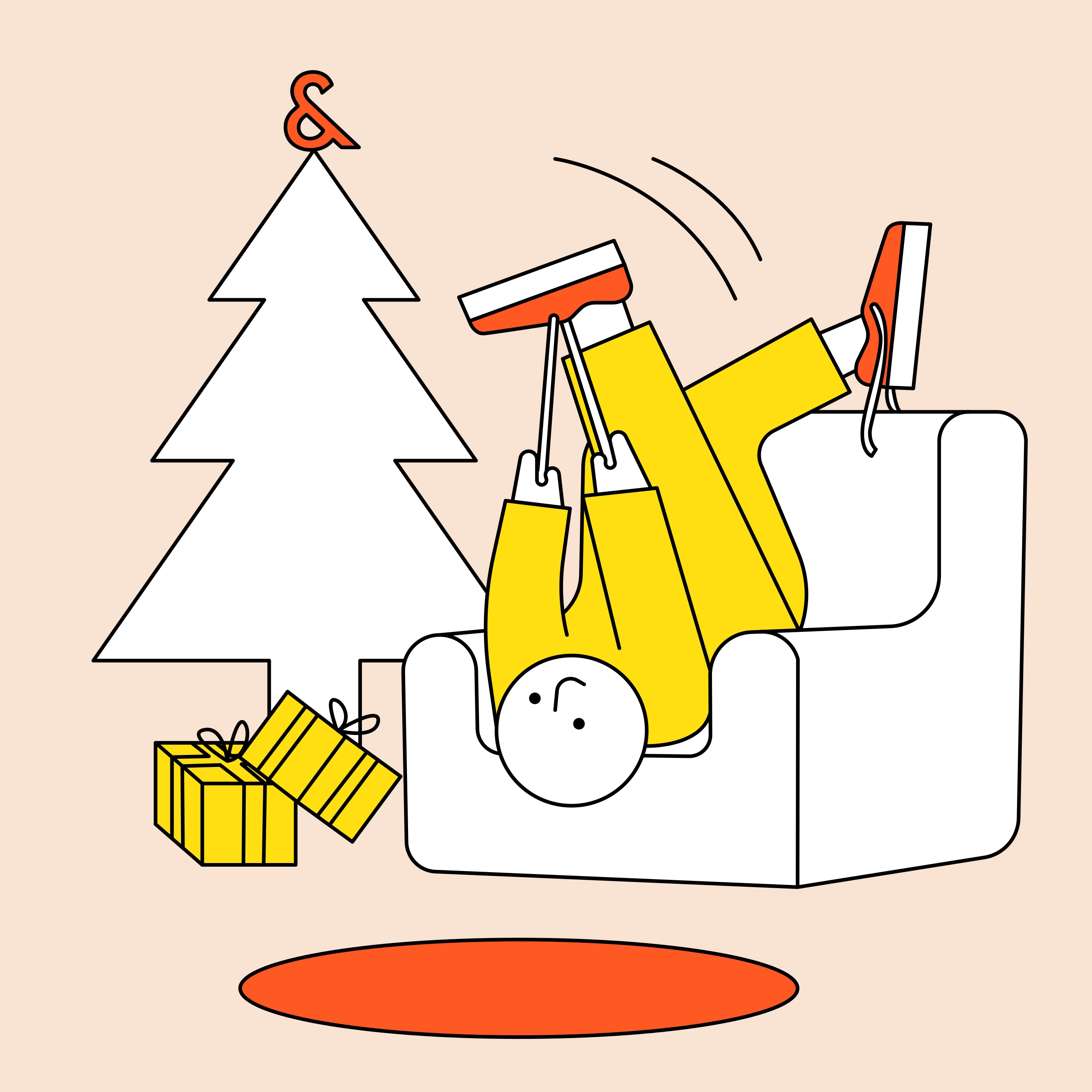 A stylized character lounging upside down in a yellow outfit on a white sofa next to a white Christmas tree with gifts beneath. The beige background adds warmth. Part of Ace & Tate’s winter campaign illustrated by Jhon Boy.