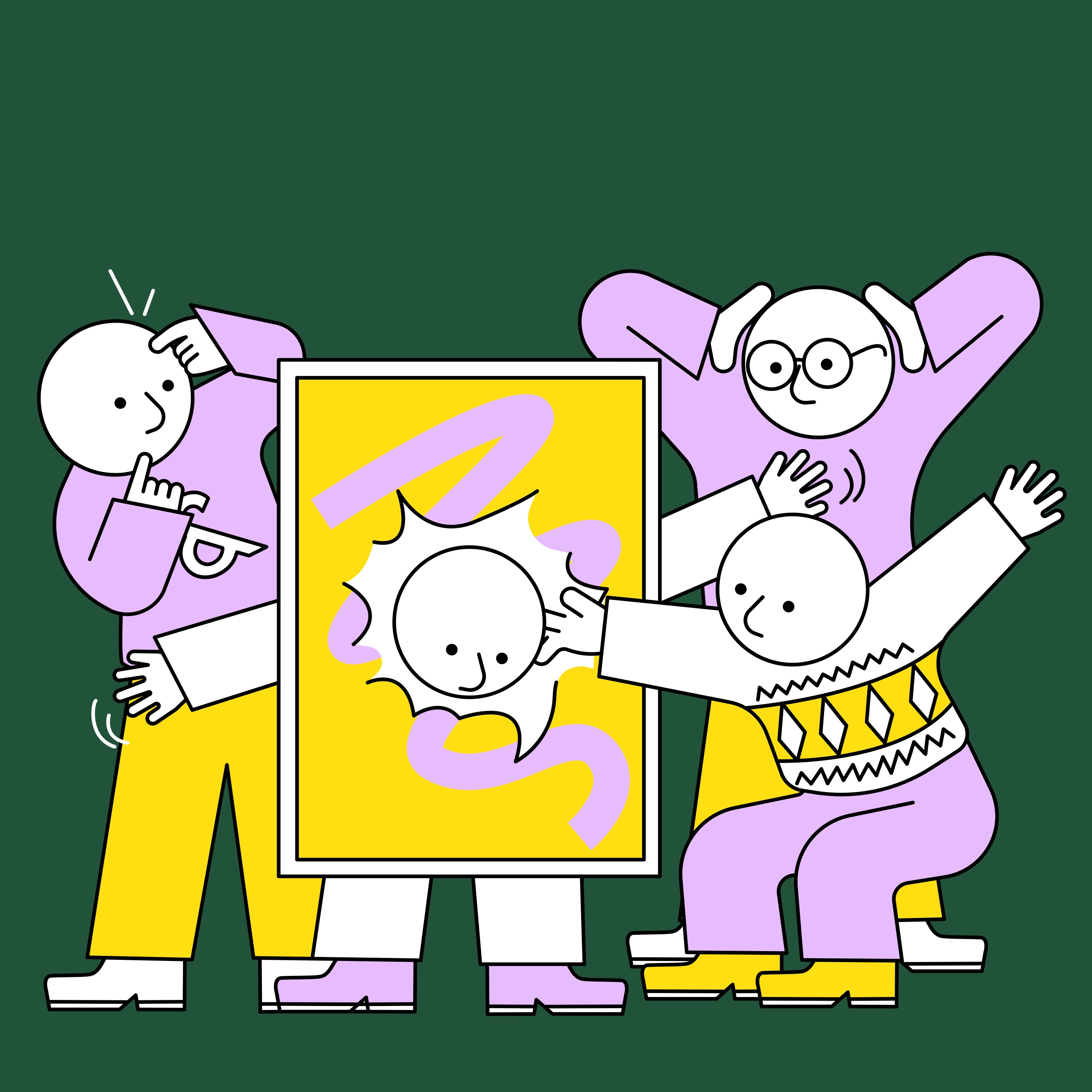 Four stylized characters animatedly holding a bright yellow canvas featuring abstract designs. They interact energetically against a dark green background. This is part of Ace & Tate’s winter campaign illustrated by Jhon Boy.