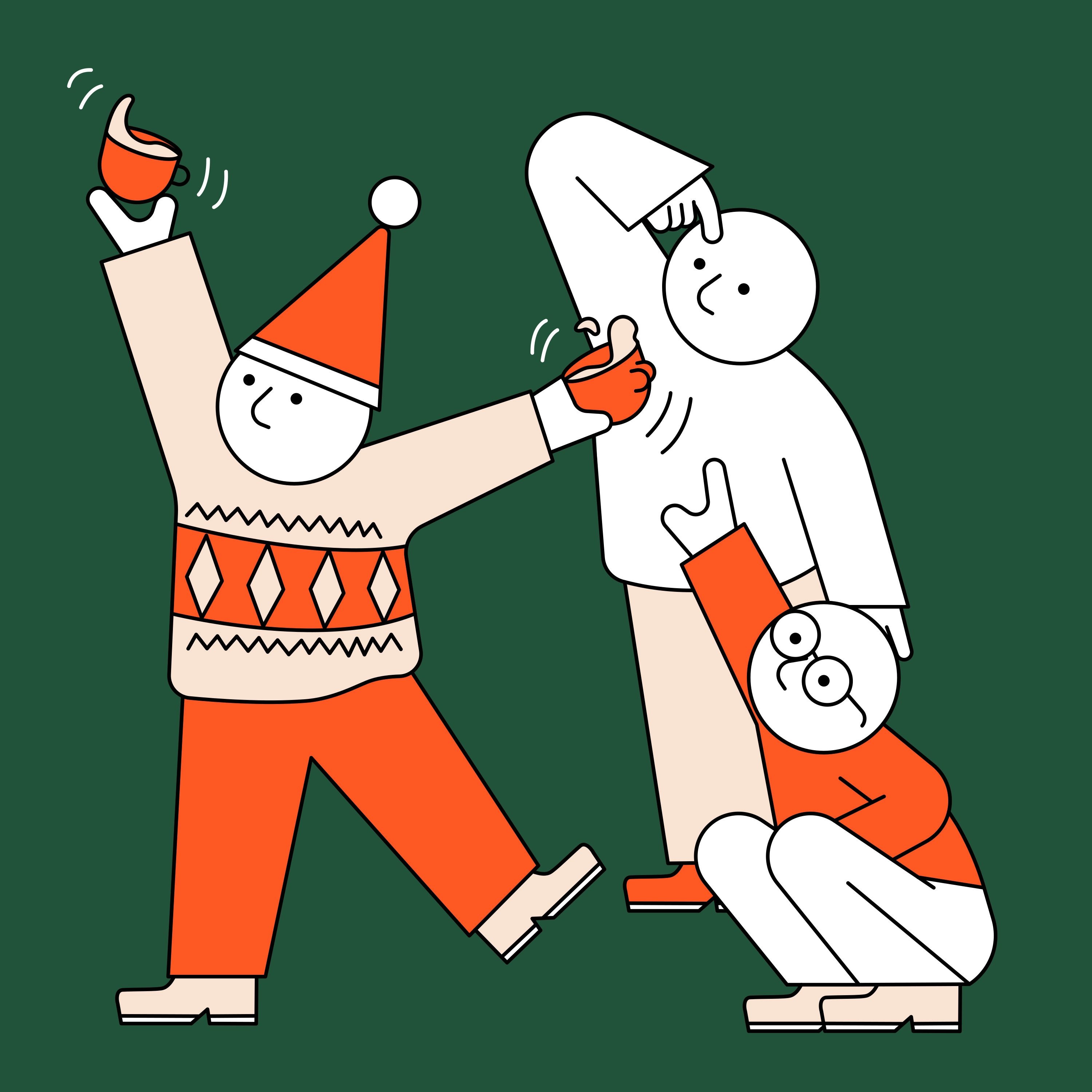 Three stylized characters enjoying hot beverages. One is wearing a Santa hat, while another character crouches playfully on the dark green background. Part of Ace & Tate’s winter campaign illustrated by Jhon Boy.