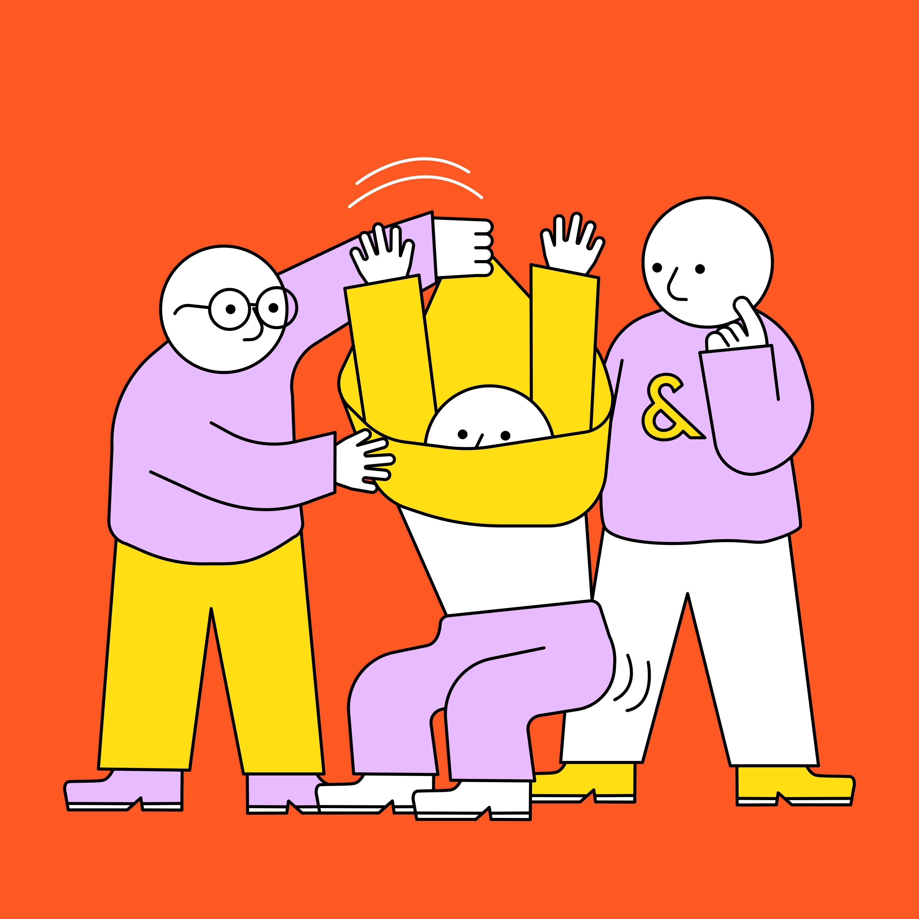 Three stylized characters against an orange background, part of Ace & Tate’s winter campaign illustrated by Jhon Boy. Two are helping another character remove a large yellow sweater, creating a playful dynamic.