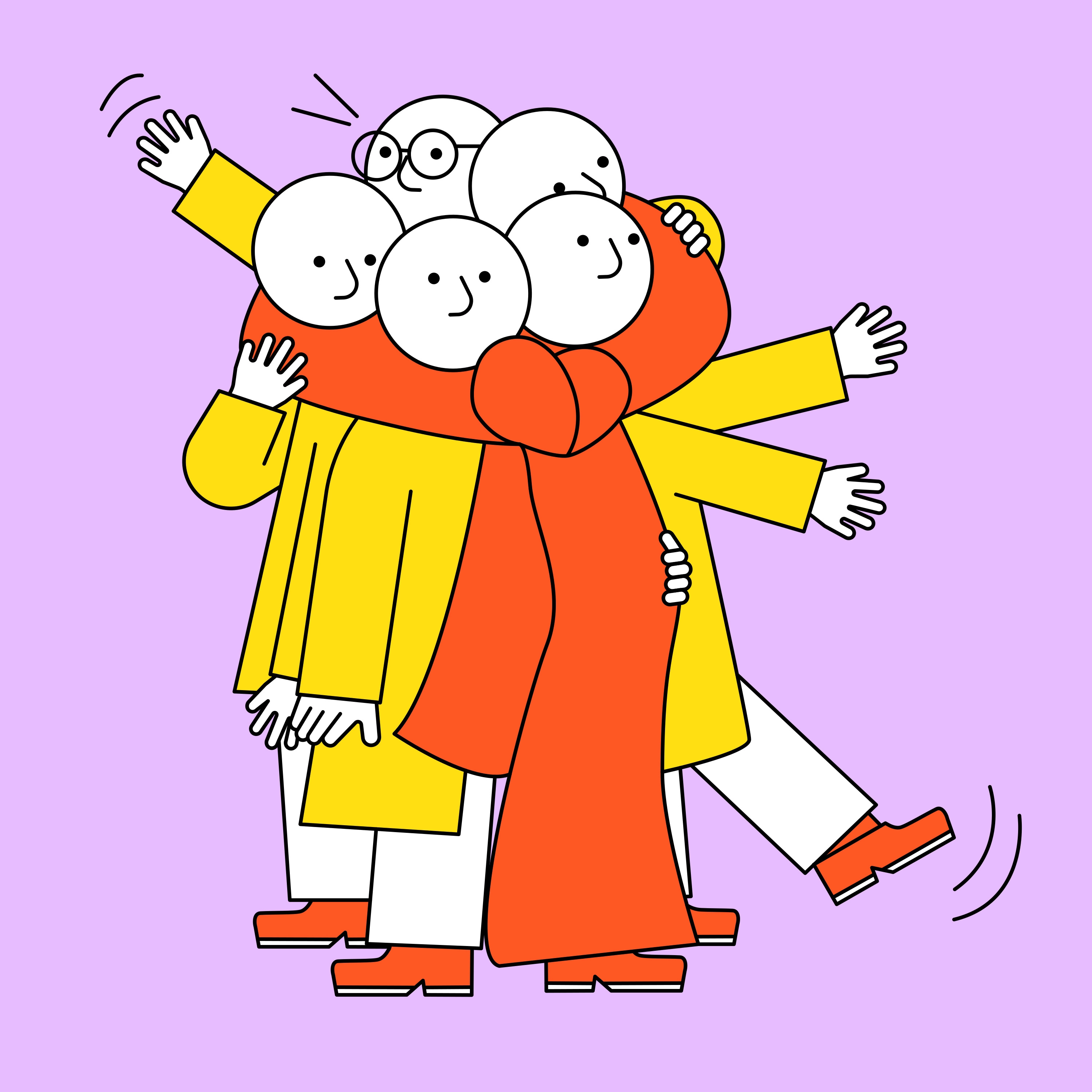 A group of four stylized characters huddled together, sharing a long red scarf, smiling and waving on a lavender background. This is part of Ace & Tate’s winter campaign illustrated by Jhon Boy.