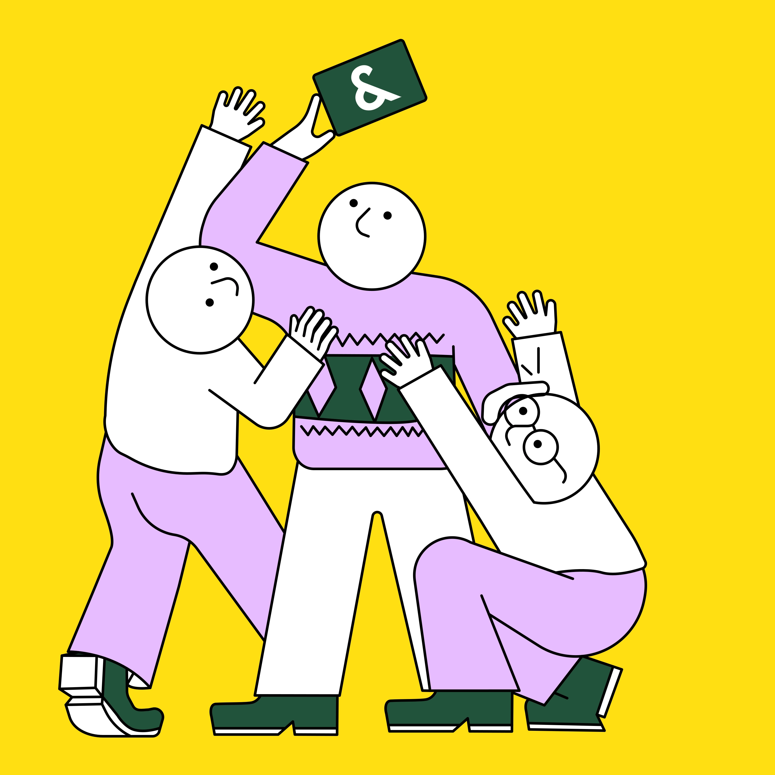 Three stylized characters in pastel and vibrant tones on a yellow background, part of Ace & Tate’s winter campaign illustrated by Jhon Boy. One character is lifting a voucher labeled “&” while the other two reach up to grab it.