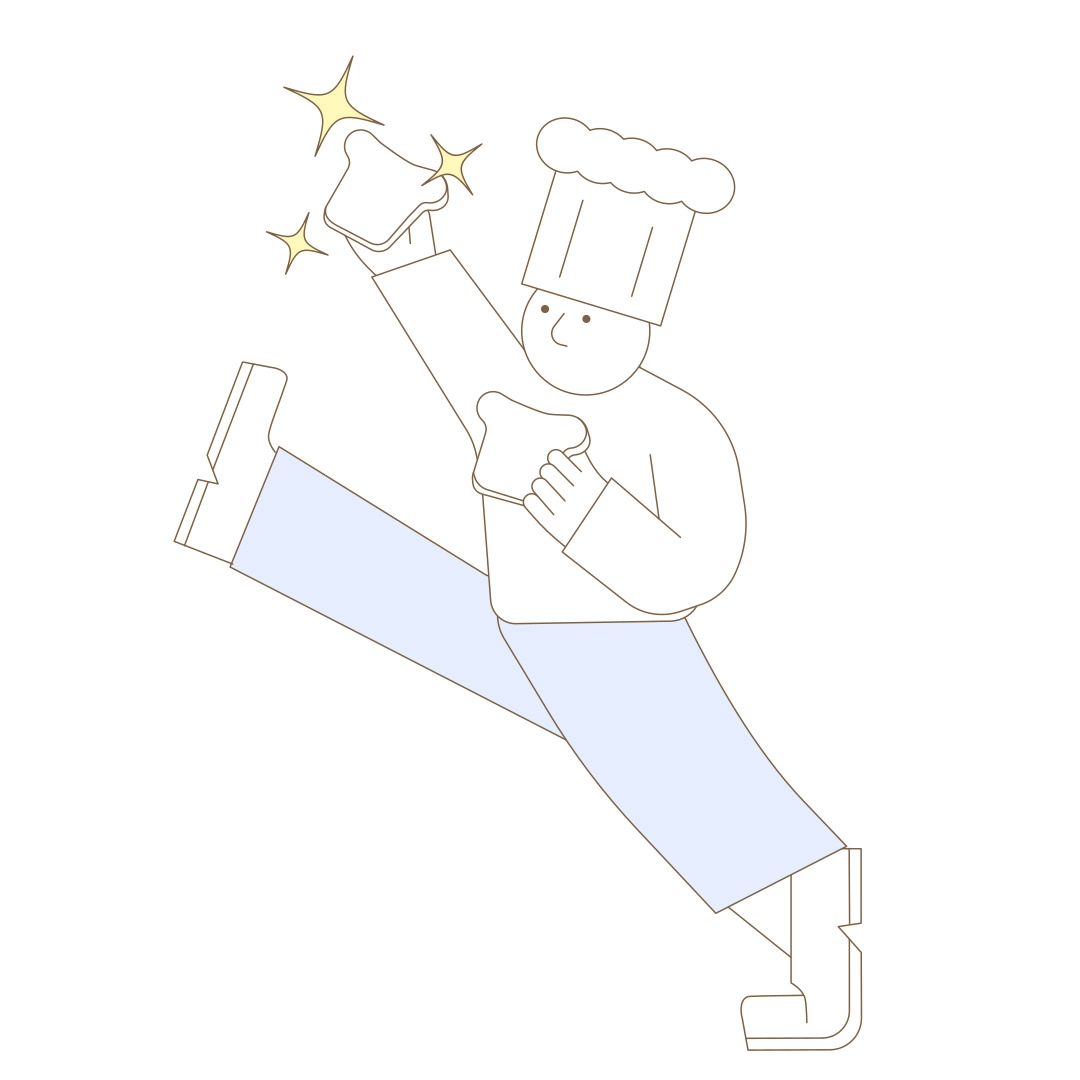 Illustration for the ‘Flourly’ app project by Bakken & Bæck. A cheerful baker character wearing a chef’s hat, holding a glowing slice of bread in one hand while leaping joyfully, conveying enthusiasm for baking.