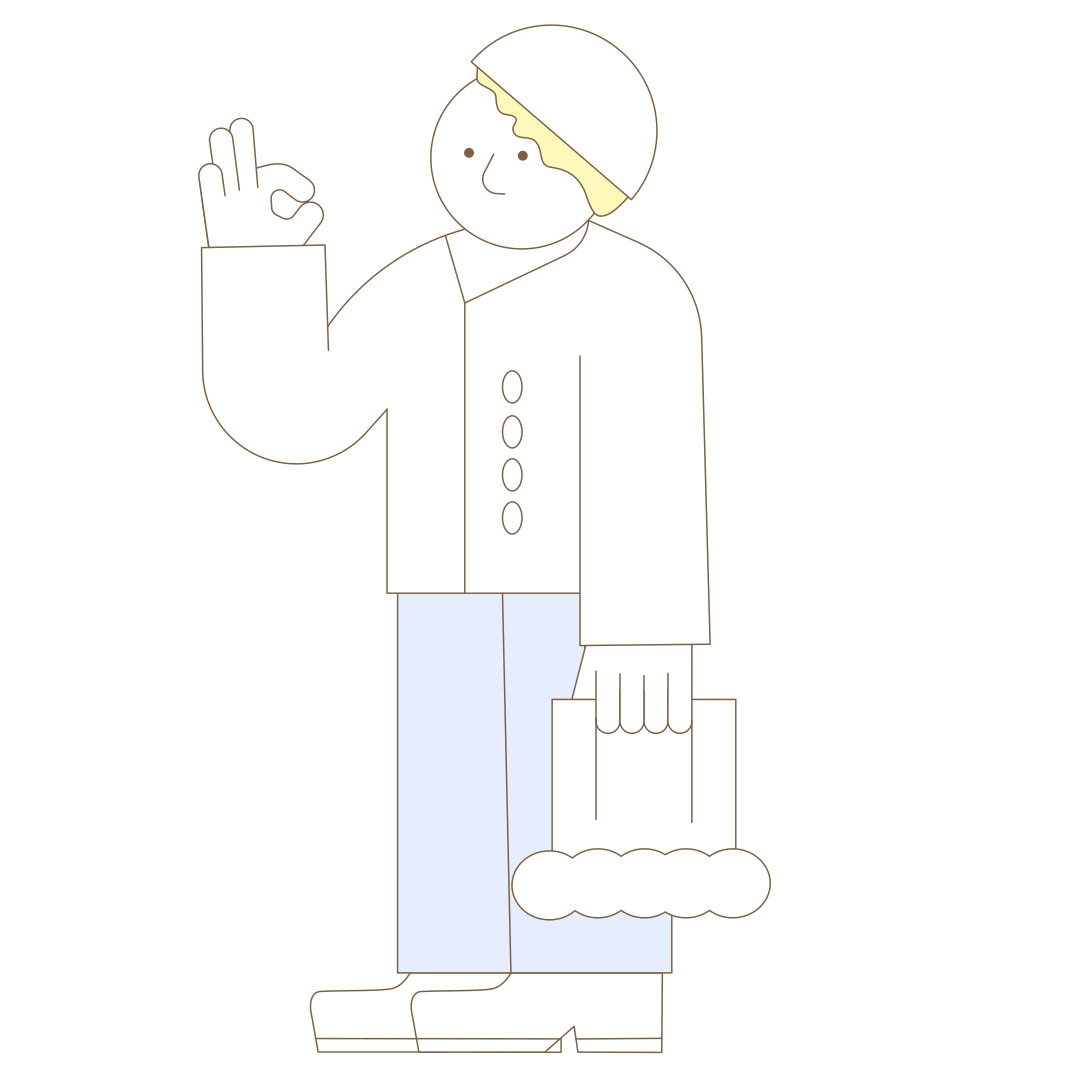 Illustration for the ‘Flourly’ app project by Bakken & Bæck. A baker character dressed in a white chef’s coat and light blue pants, holding a paper bag of flour in one hand and gesturing ‘okay’ with the other, representing precision and quality in baking.