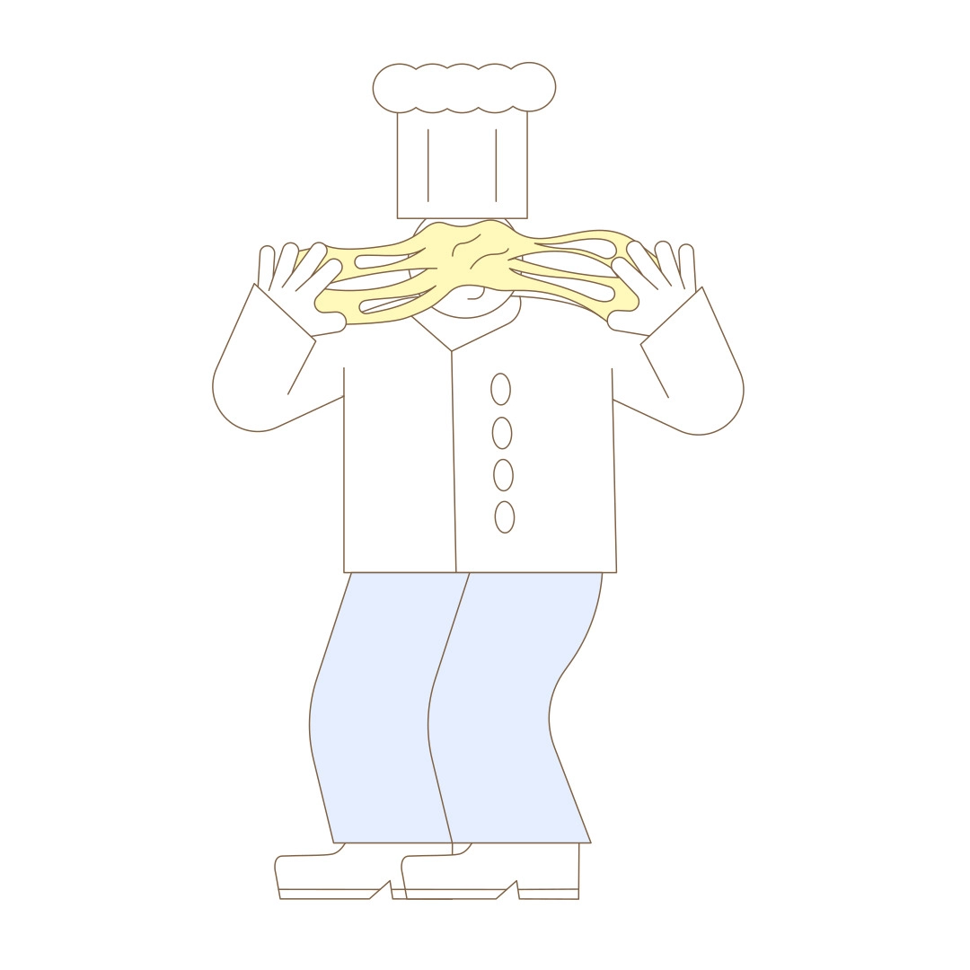 Illustration for the ‘Flourly’ app project by Bakken & Bæck. A baker character with a chef’s hat stretching dough over their face, symbolizing creativity and hands-on craftsmanship in baking.