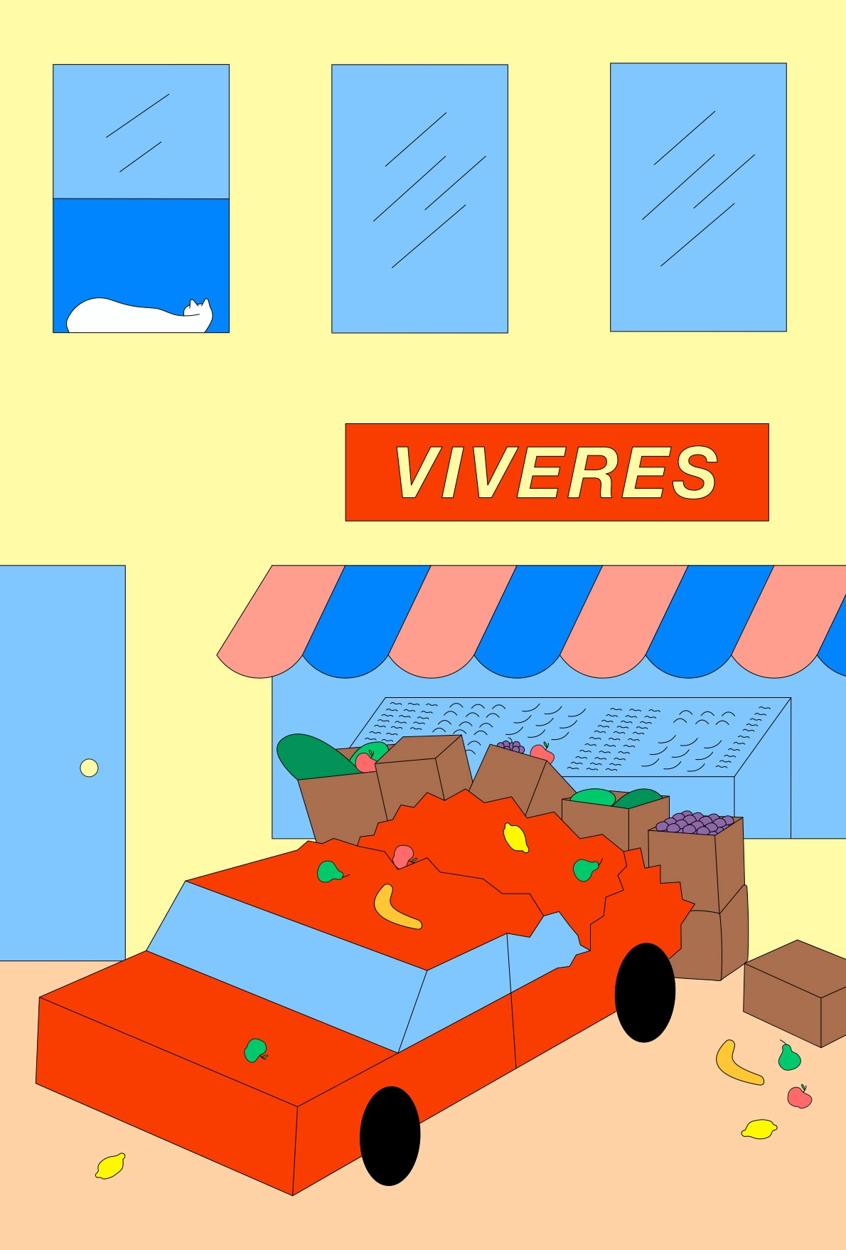 A Jhon Boy illustration depicting a red car that has crashed into a fruit shop labeled ‘VIVERES.’ The car is surrounded by scattered fruits and overturned boxes, with a white cat resting on a blue windowsill above the scene. The shop has a pink and blue striped awning, and the background features a pale yellow wall and blue windows.