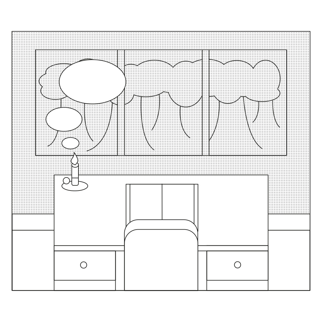 A minimalistic black-and-white illustration of a desk with drawers, a chair, and a lit candle on the left. A large window with curtains overlooks a cloud-like background. Several small thought bubbles emerge from the candle.