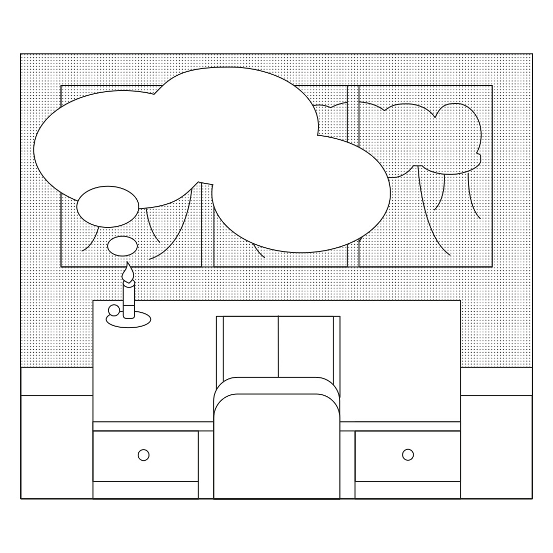 A minimalistic black-and-white illustration of a desk with drawers, a chair, and a lit candle on the left. A large window with curtains overlooks a cloud-like background. A single large thought bubble expands from the candle, partially covering the window.