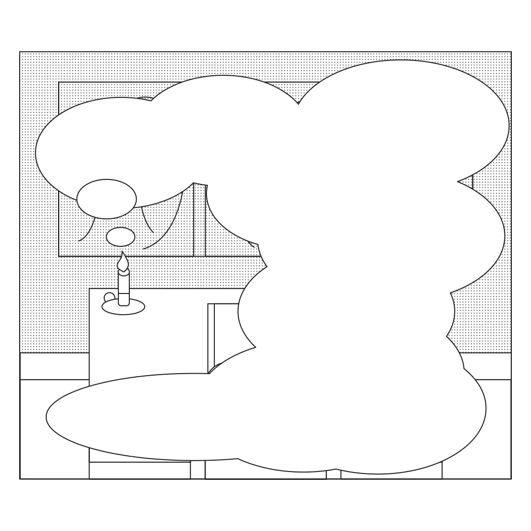 A minimalistic black-and-white illustration of a desk with drawers, a chair, and a lit candle on the left. A window with curtains and a cloud-like background is almost entirely obscured by a large, irregularly shaped smoke bubble emerging from the candle.