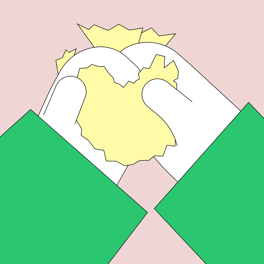 A close-up illustration by jhon boy of two hands tearing apart or crumpling a yellow piece of paper, with the hands wearing green sleeves against a pale pink background.