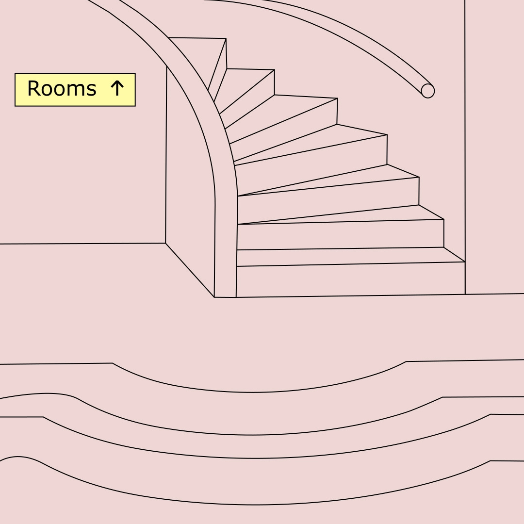 A minimalist illustration by jhon boy of a curved staircase leading upward, with a sign indicating “Rooms” in black text on a yellow background, against pale pink walls.