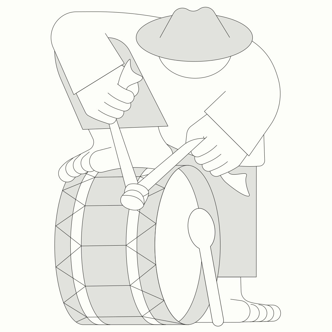 Illustration from the ‘Lava Circular’ brand identity project. A black-and-white depiction of an artisan playing a large drum. The artisan, wearing a hat, is seated while holding drumsticks and striking the drum with an engaged posture.