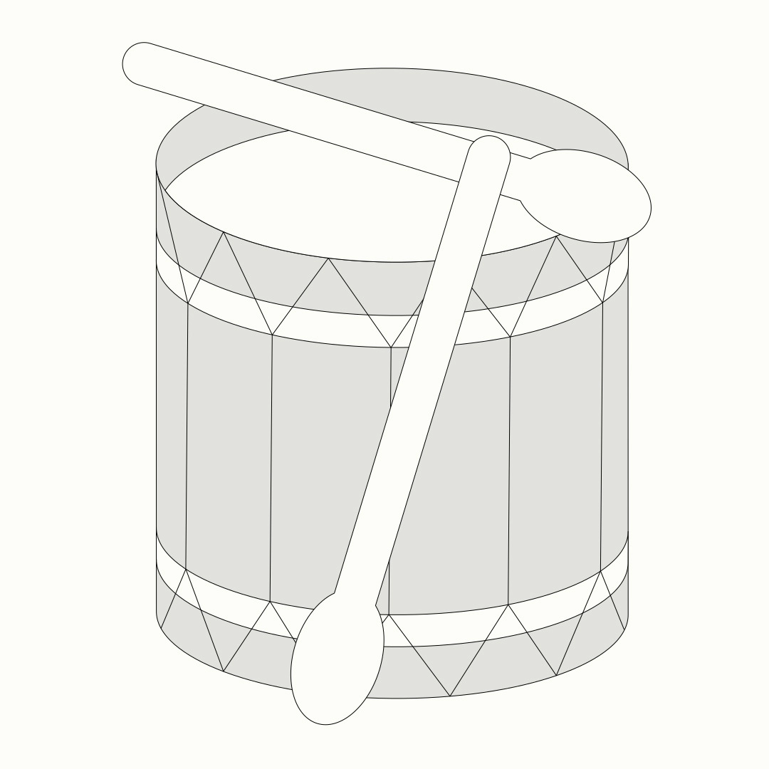 Illustration from the ‘Lava Circular’ brand identity project. A minimalistic drawing of a traditional drum with a checkered design and two large drumsticks resting on top.