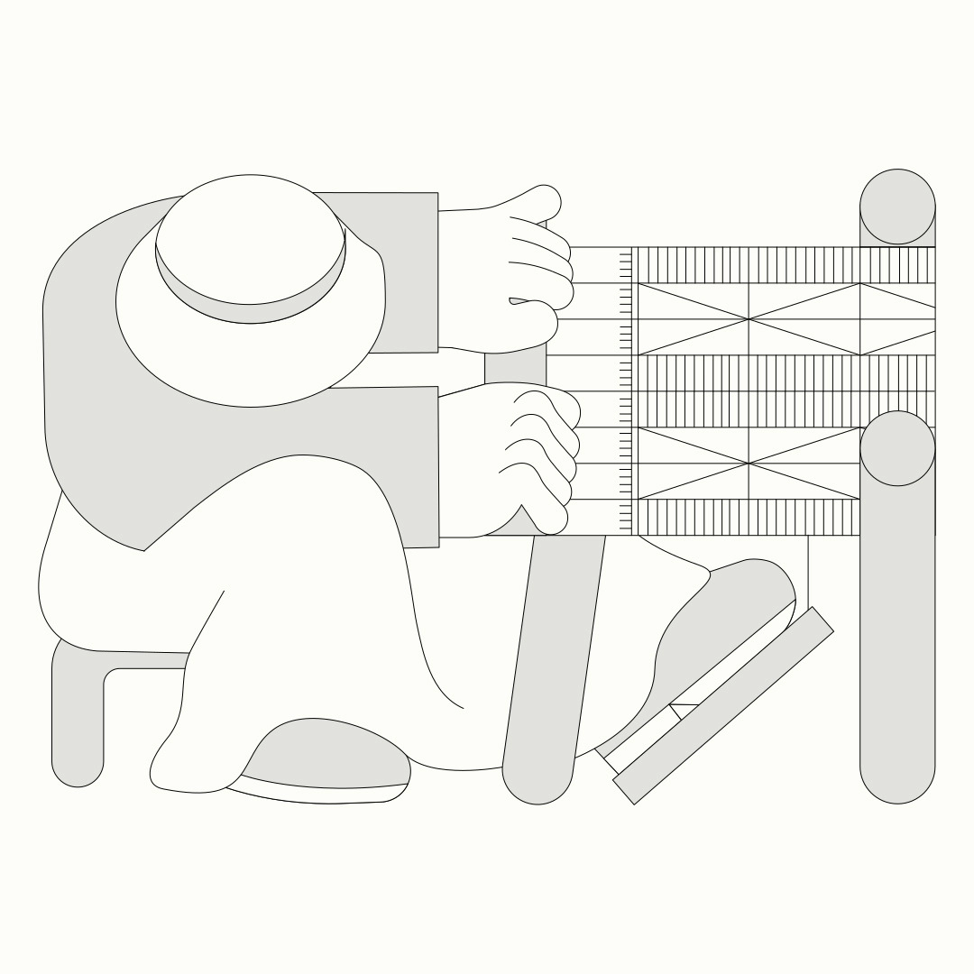 Illustration from the ‘Lava Circular’ brand identity project. A black-and-white depiction of an artisan seated at a loom, focused on weaving with their hands on the threads and feet operating the loom pedals.