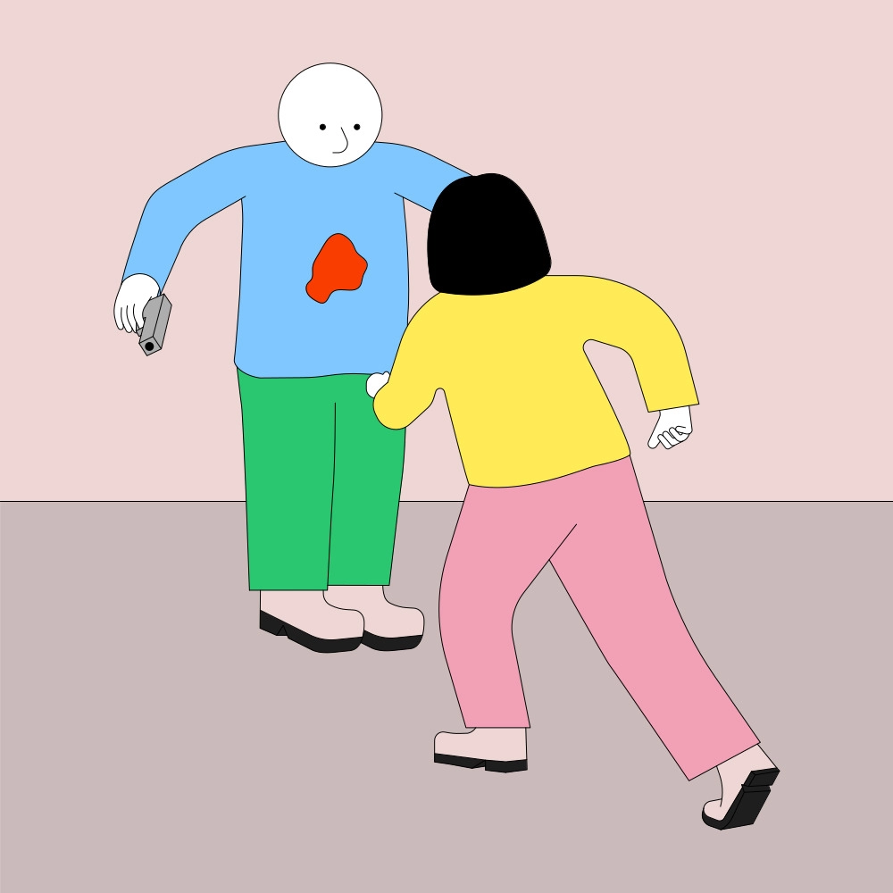 A Jhon Boy-style comic panel showing a person in a blue shirt and green pants with a red wound on their chest, holding a gun, while another person in a yellow shirt and pink pants lunges forward.