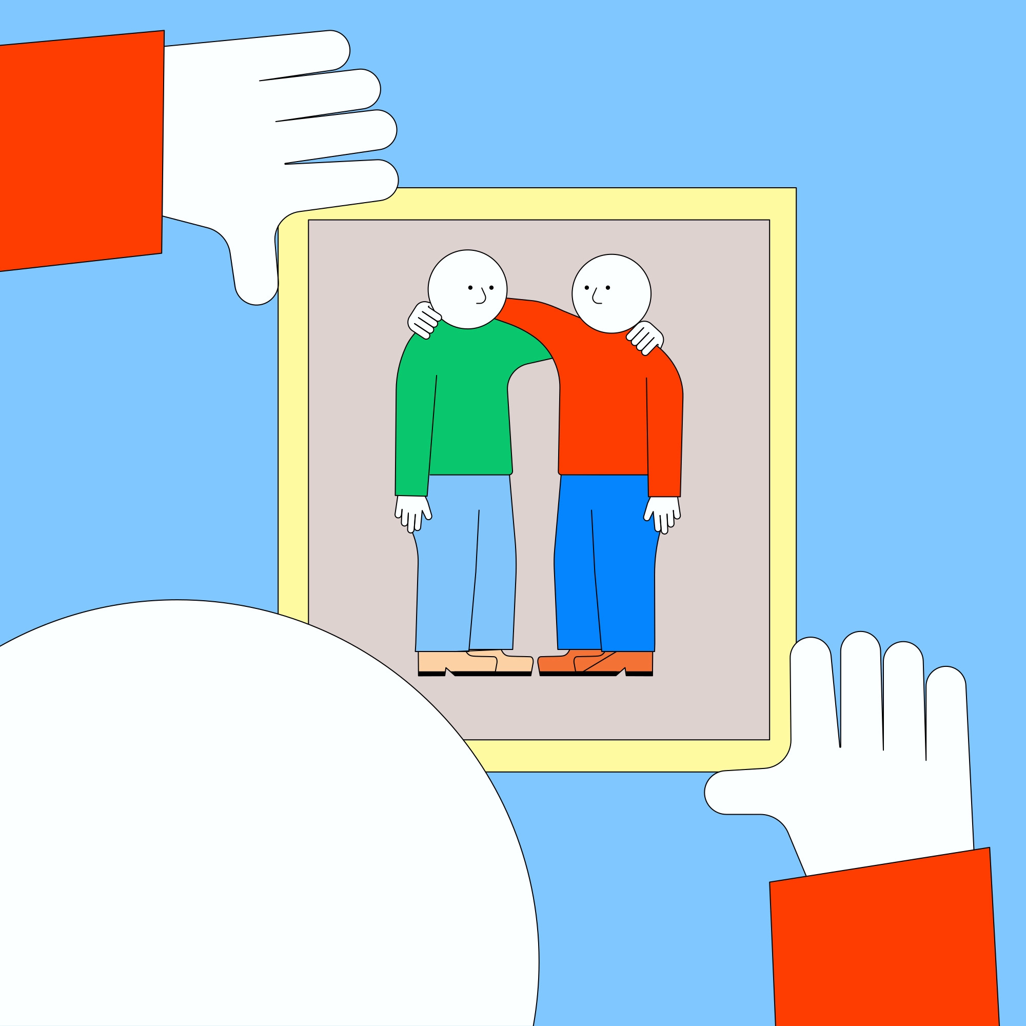 Third panel of a comic by Jhon Boy. A person in a red sweater holds a framed photo of two figures with their arms around each other, hanging it on a light blue wall. The image within the frame depicts a moment of friendship.