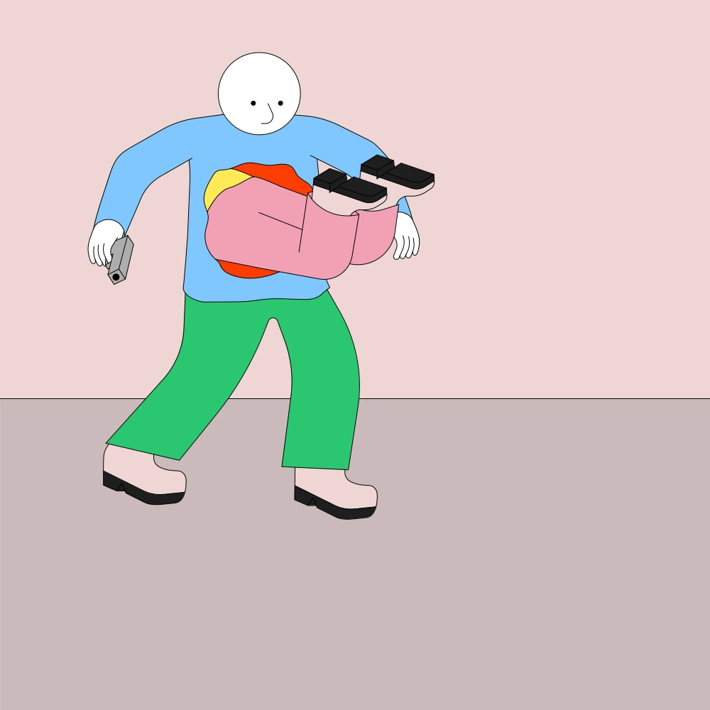 A Jhon Boy comic frame featuring a person in a blue shirt with a red chest wound cause by another person in a yellow shirt and pink pants, while holding a gun in one hand.