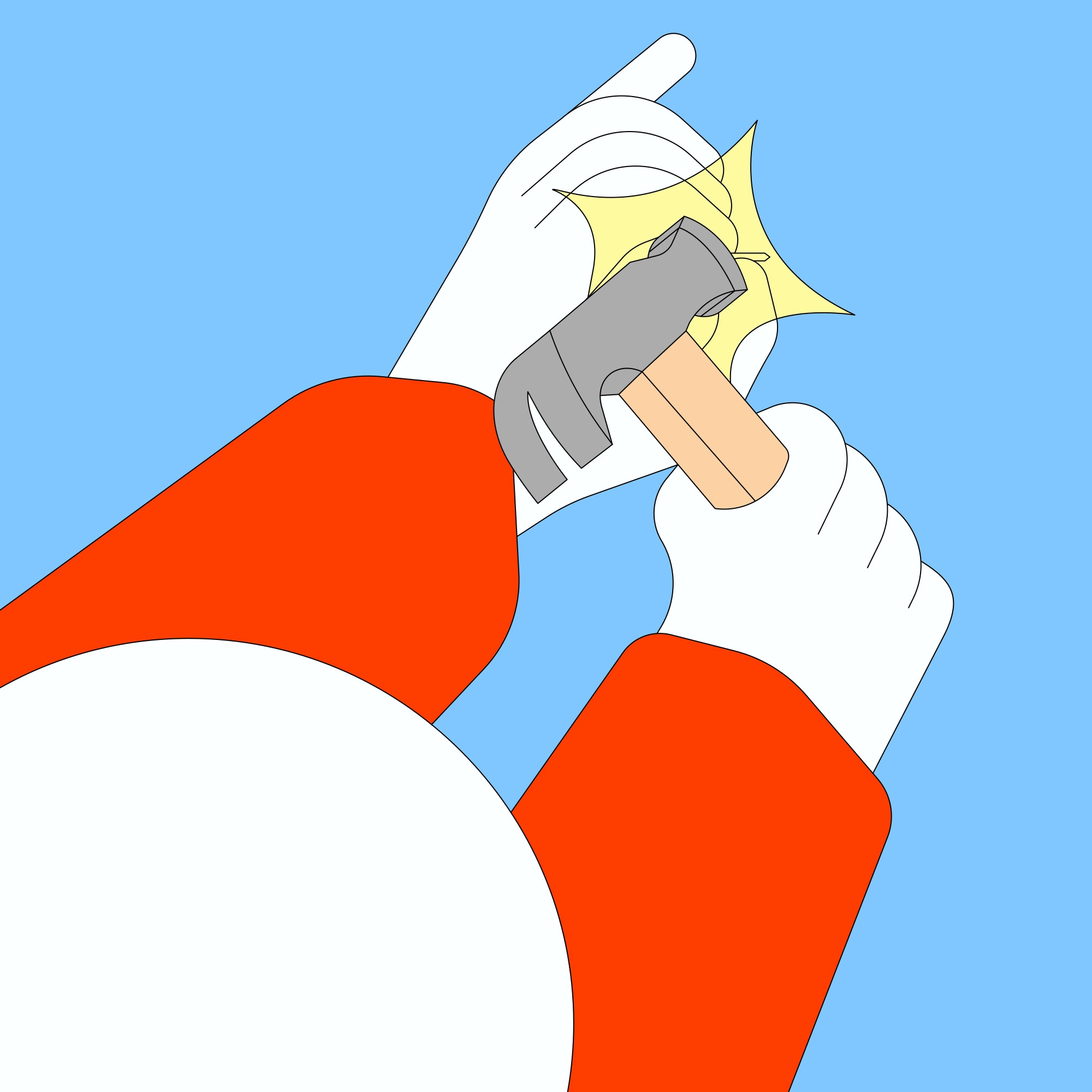 Second panel of a comic by Jhon Boy. A person in a red sweater uses a hammer to strike a nail, with a bright yellow spark illustrating the impact. The light blue background continues the clean and simple aesthetic.