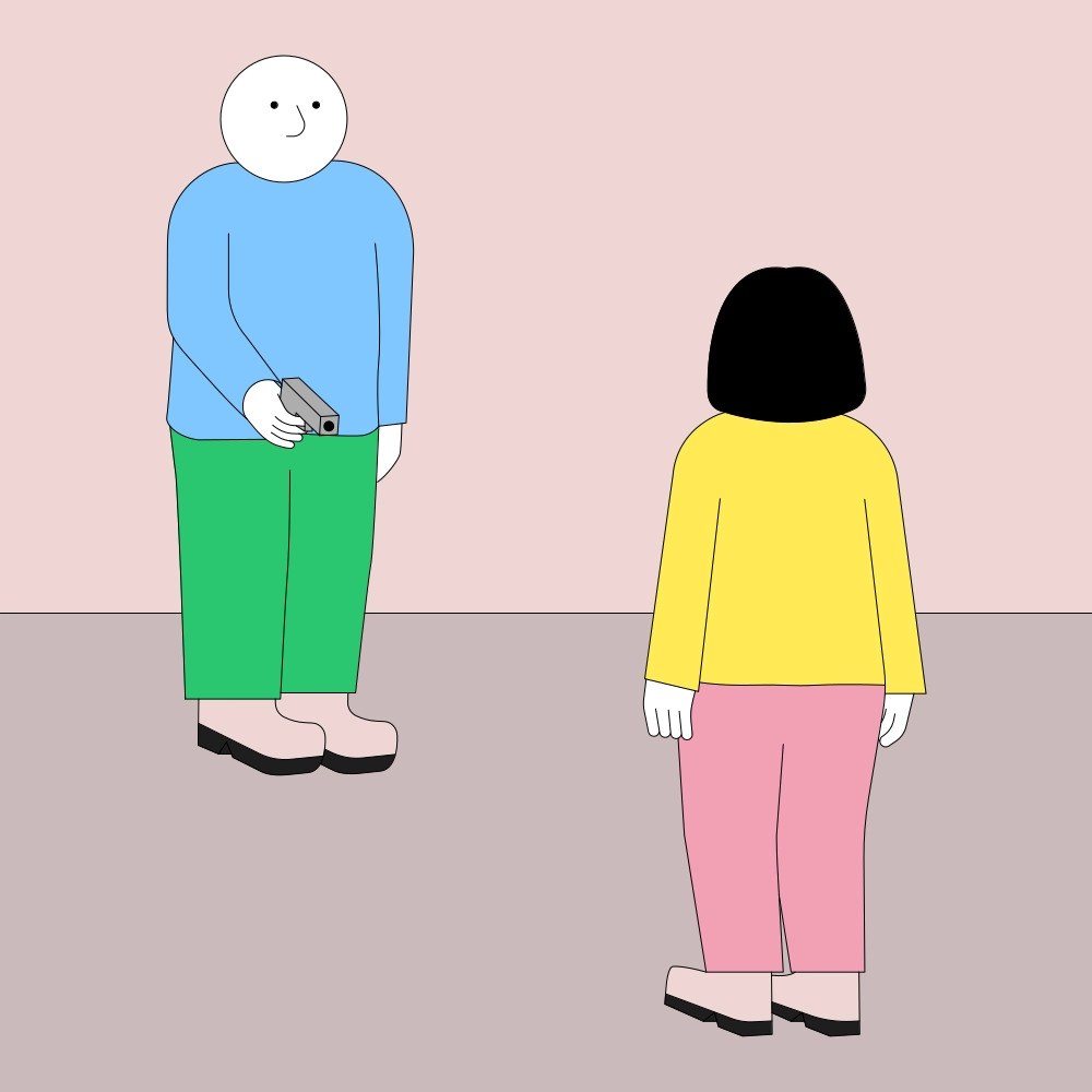 A Jhon Boy-style illustration of a person wearing a blue shirt and green pants pointing a gun at another person in a yellow shirt and pink pants, in a minimalist room with a pink background.