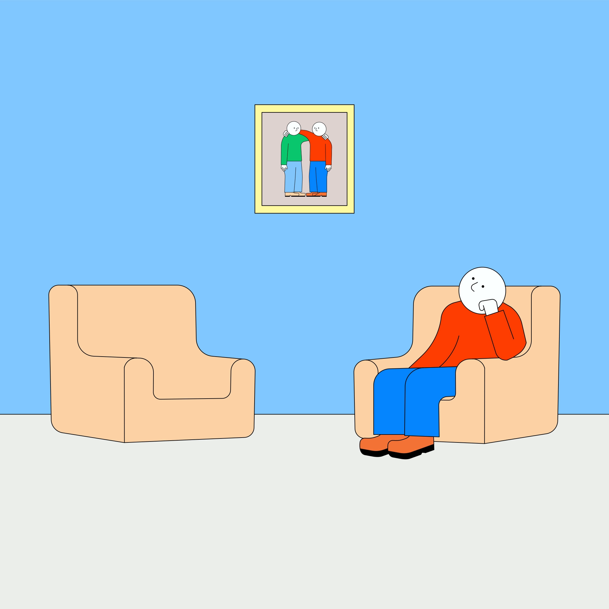 Final panel of a comic by Jhon Boy. A person in a red sweater sits pensively in an armchair, looking at the newly hung photo on the wall. The scene is minimalistic, with light blue walls and a second, unoccupied armchair nearby.