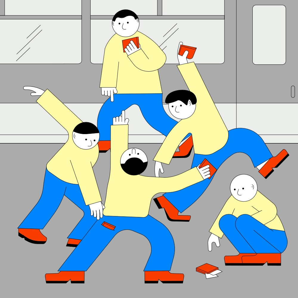 A stylized illustration by Jhon Boy depicting five characters near a metro train in dynamic poses, all engaged in an amusing scene of stealing each other’s wallets. The characters, dressed in yellow shirts, blue pants, and red shoes, create a chaotic yet playful atmosphere. The metro train windows and doors in the gray background set the urban scene.