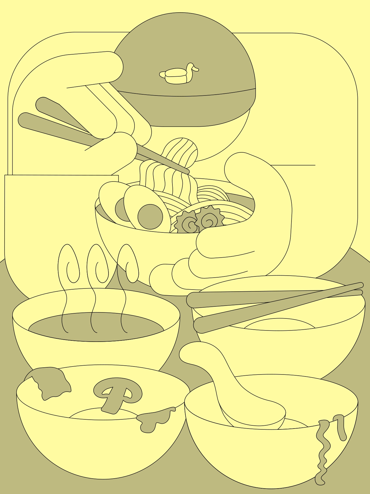 A poster illustration by Jhon Boy depicting a person enjoying a bowl of ramen. The character’s hands are holding chopsticks and a bowl filled with ramen noodles, egg, and toppings. Additional bowls with steaming soup, mushrooms, and other ingredients surround the main bowl on a table. The artwork is rendered in a monochromatic yellow palette with a minimalist, clean design.