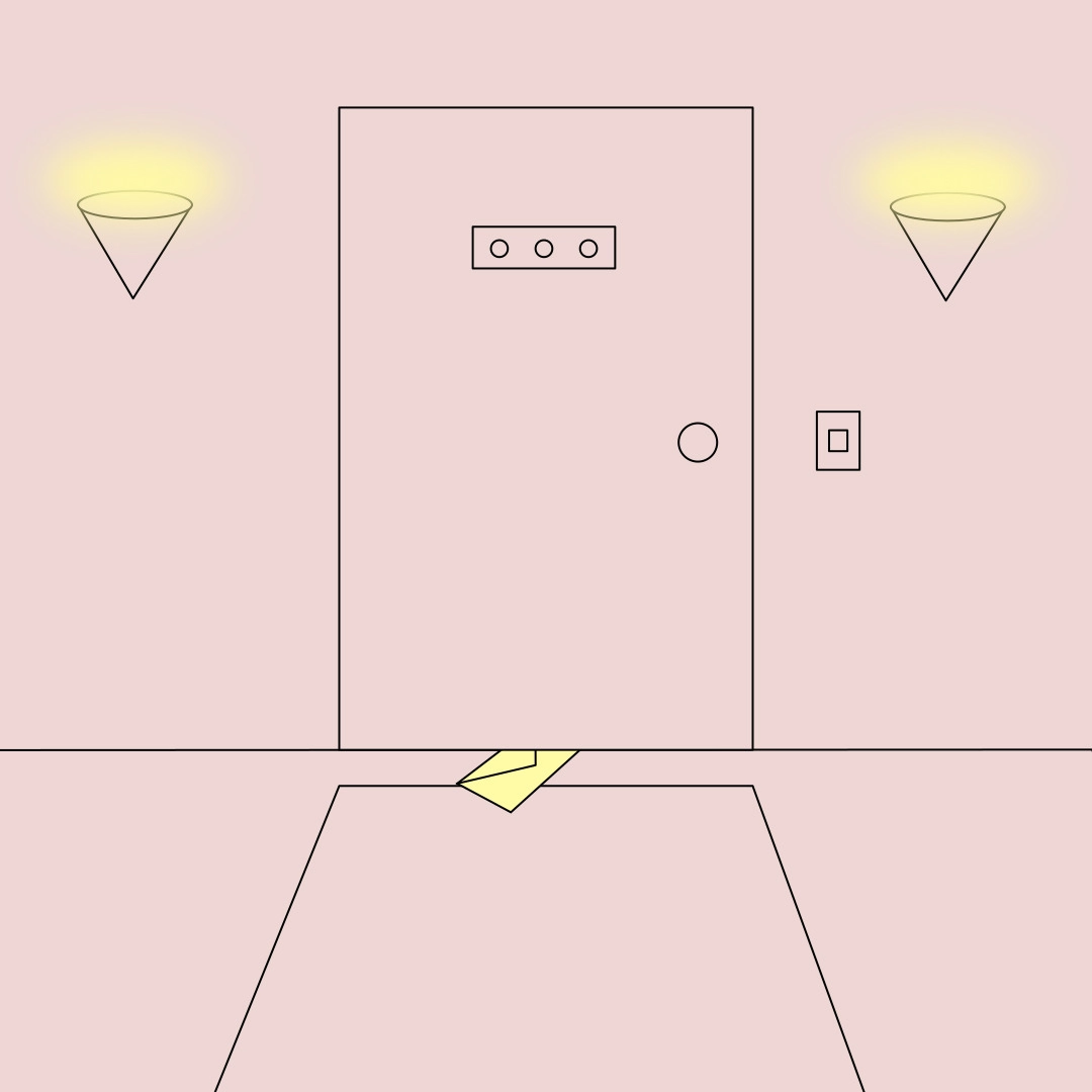 A simple illustration by jhon boy of a door with three circular details, a light switch, and cone-shaped wall lights emitting a warm yellow glow, with a yellow piece of paper partially sticking out from underneath the door.