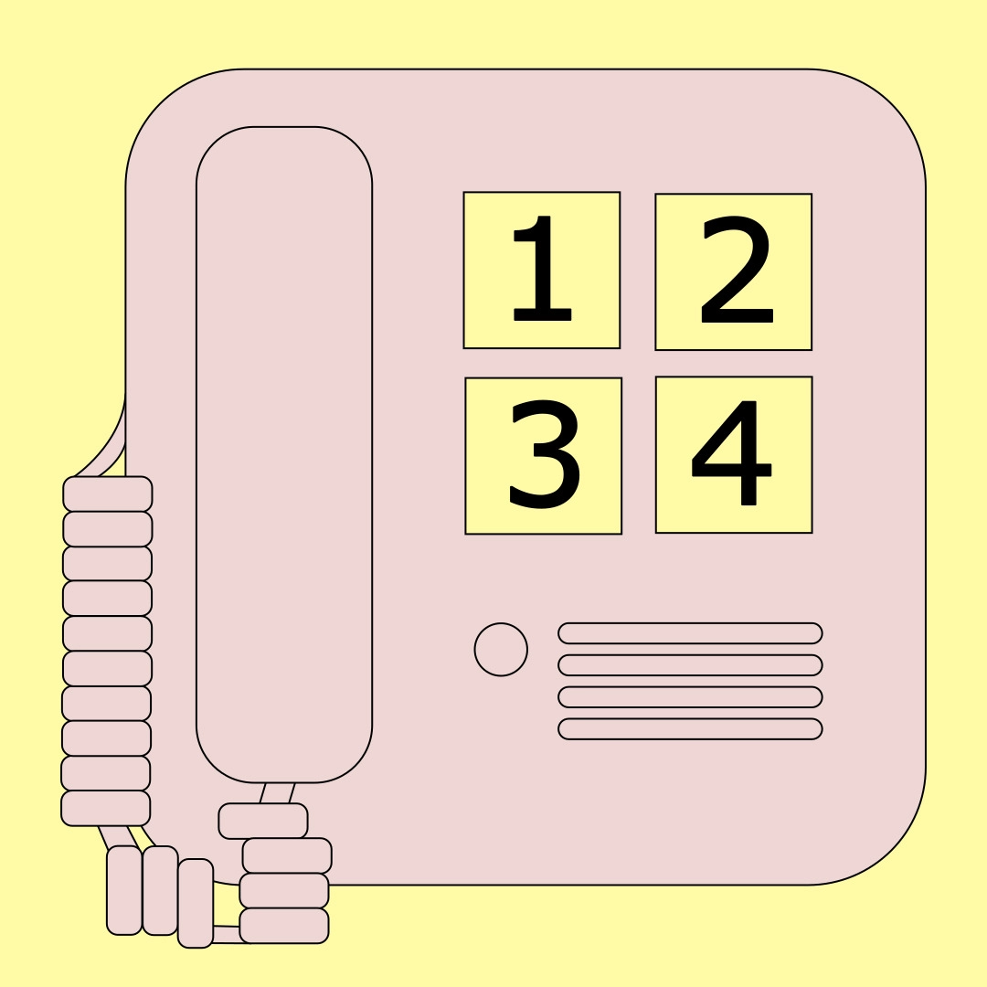 A retro-style illustration by jhon boy of an intercom or telephone device with four large yellow buttons labeled “1,” “2,” “3,” and “4,” featuring coiled wires and a soft pink and yellow color palette.