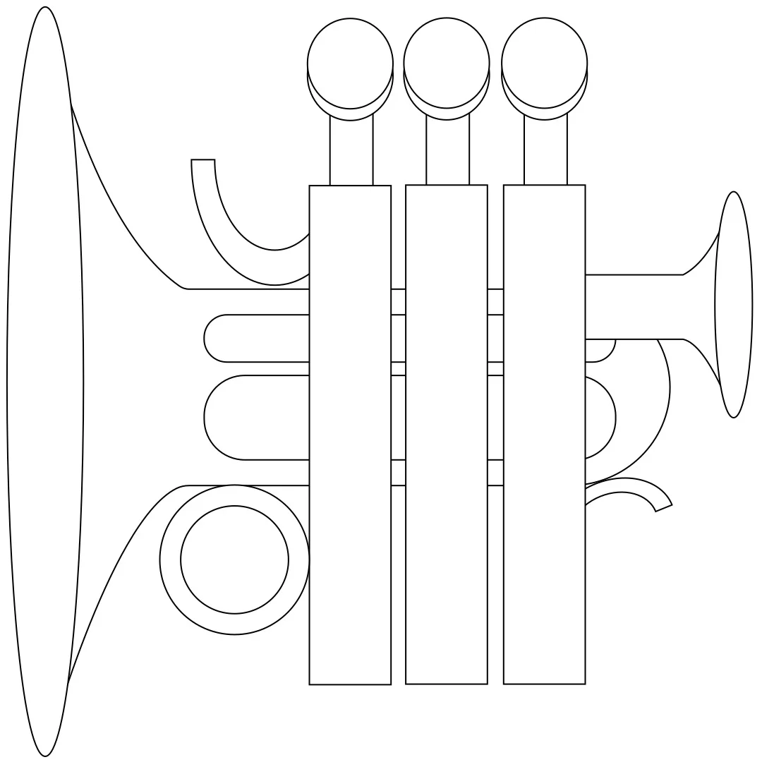 A clean and minimal black-and-white line illustration of a trumpet, designed by Jhon Boy. The artwork showcases the main body, valves, and tubing of the trumpet, emphasizing its iconic structure with a modern, simplified style. The image is uncolored, presenting a geometric and abstract interpretation of the instrument.