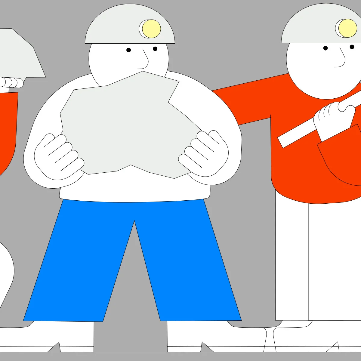 Illustration by Jhon Boy for Wix Playground Academy. A miner in blue pants holds a large rock with both hands, while another miner in a red shirt stands beside them holding a tool, illustrating shared effort in a mining environment.