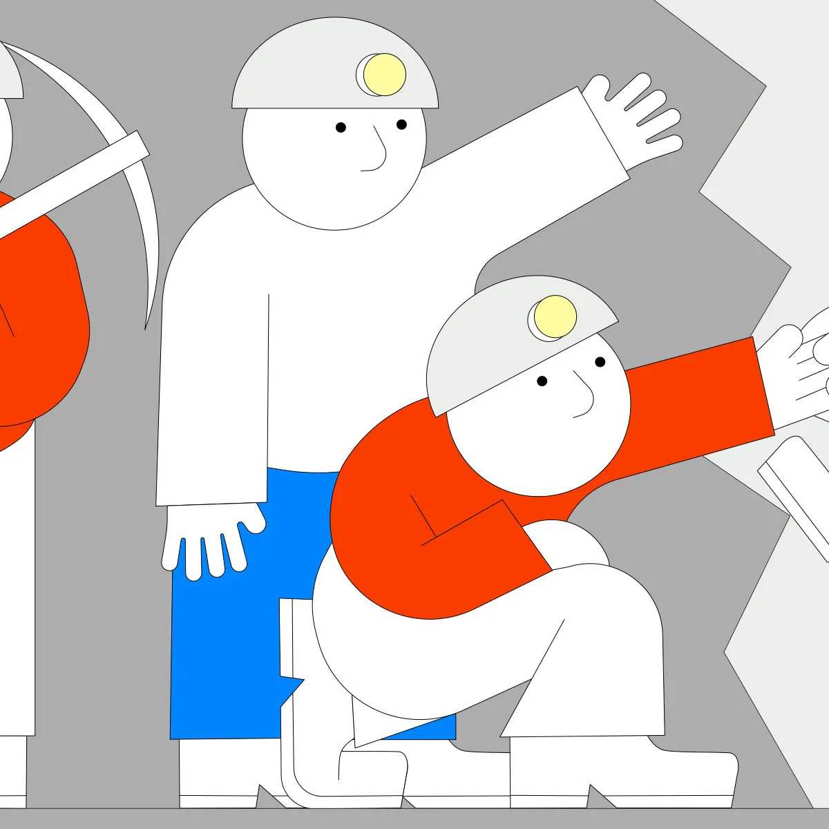 Illustration by Jhon Boy for Wix Playground Academy. A group of miners wearing helmets are seen in a gray cave setting. One miner in blue pants stands pointing forward, while another miner crouches, extending a hand toward a crevice, emphasizing collaboration.