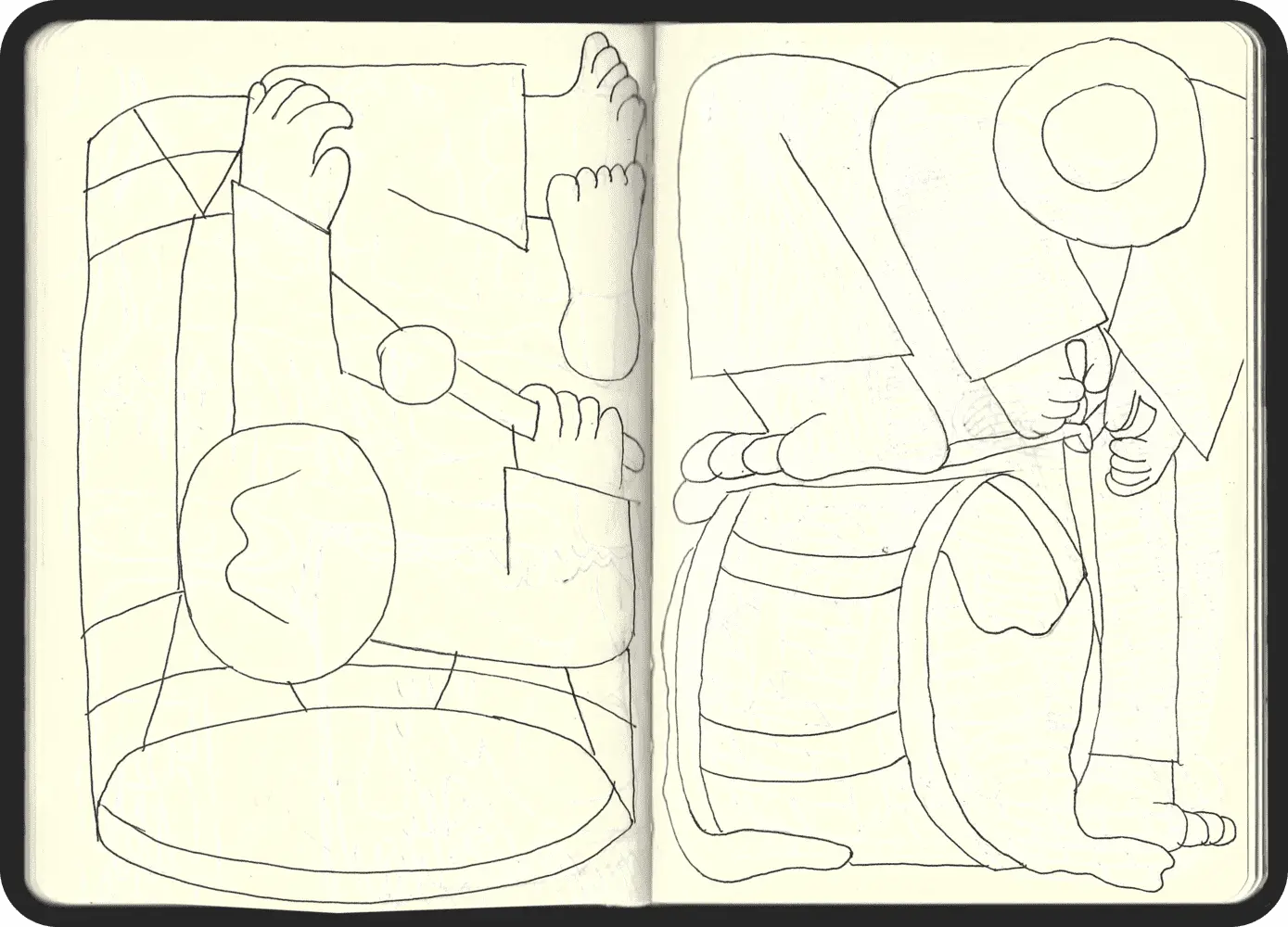 A detailed illustration by Jhon Boy for the Lava Circular brand identity, featuring a craftsman from El Hierro making a traditional drum. One side depicts the artisan working with the barrel-like drum, while the other shows someone tying materials to complete the drum. This artwork emphasizes the cultural heritage and artisanal craftsmanship integral to Lava Circular’s identity.