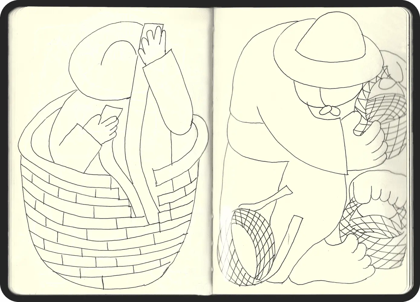 A conceptual illustration by Jhon Boy for Lava Circular, depicting two figures engaged with woven baskets. One figure raises a hand while the other interacts with tools, representing themes of tradition and manual craftsmanship central to the brand.