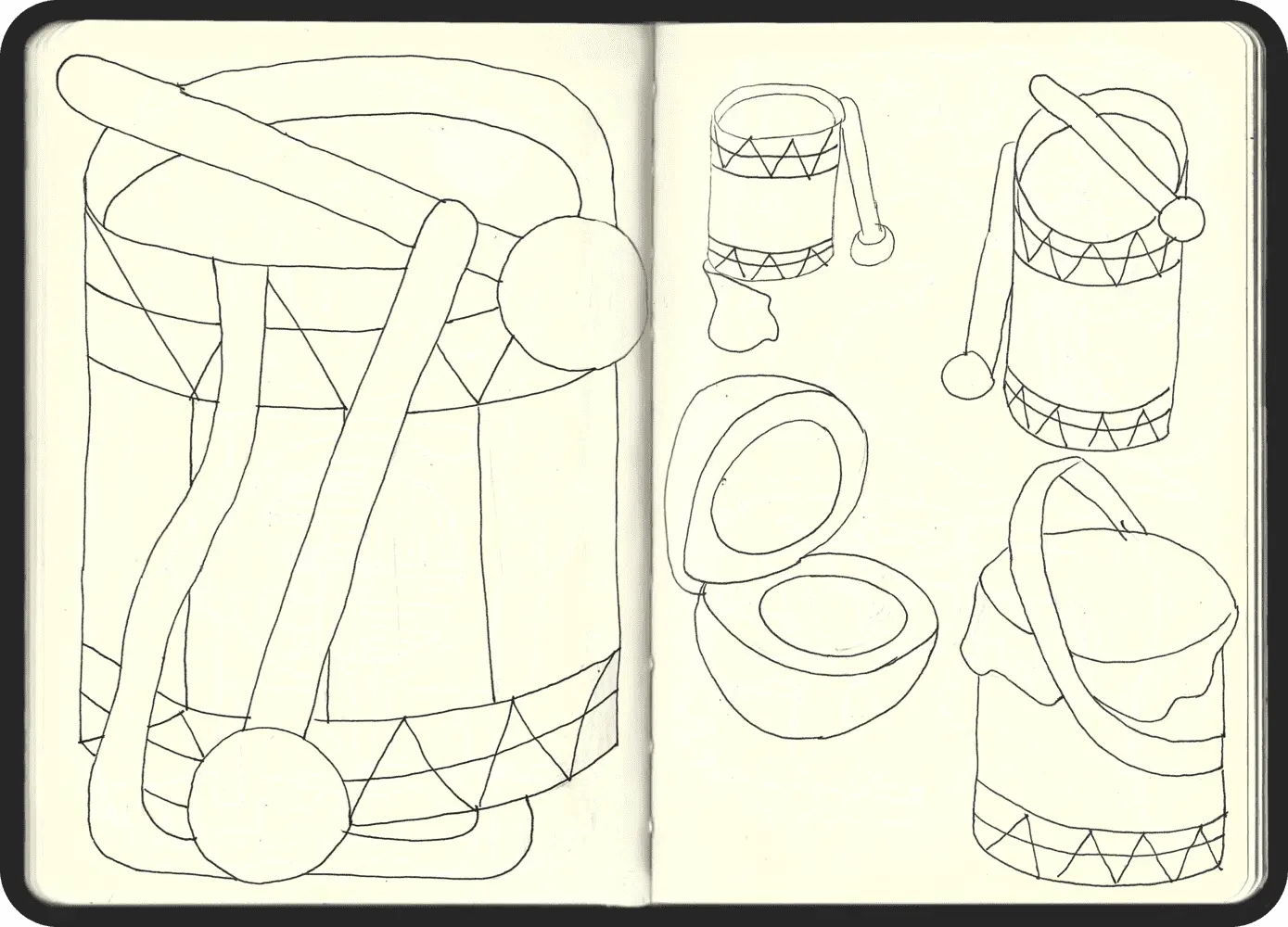 Part of the Lava Circular brand illustrations by Jhon Boy, showing hand-drawn drums with decorative patterns and drumsticks. The variations include drums as containers, highlighting the artisanal and rhythmic elements of the brand.