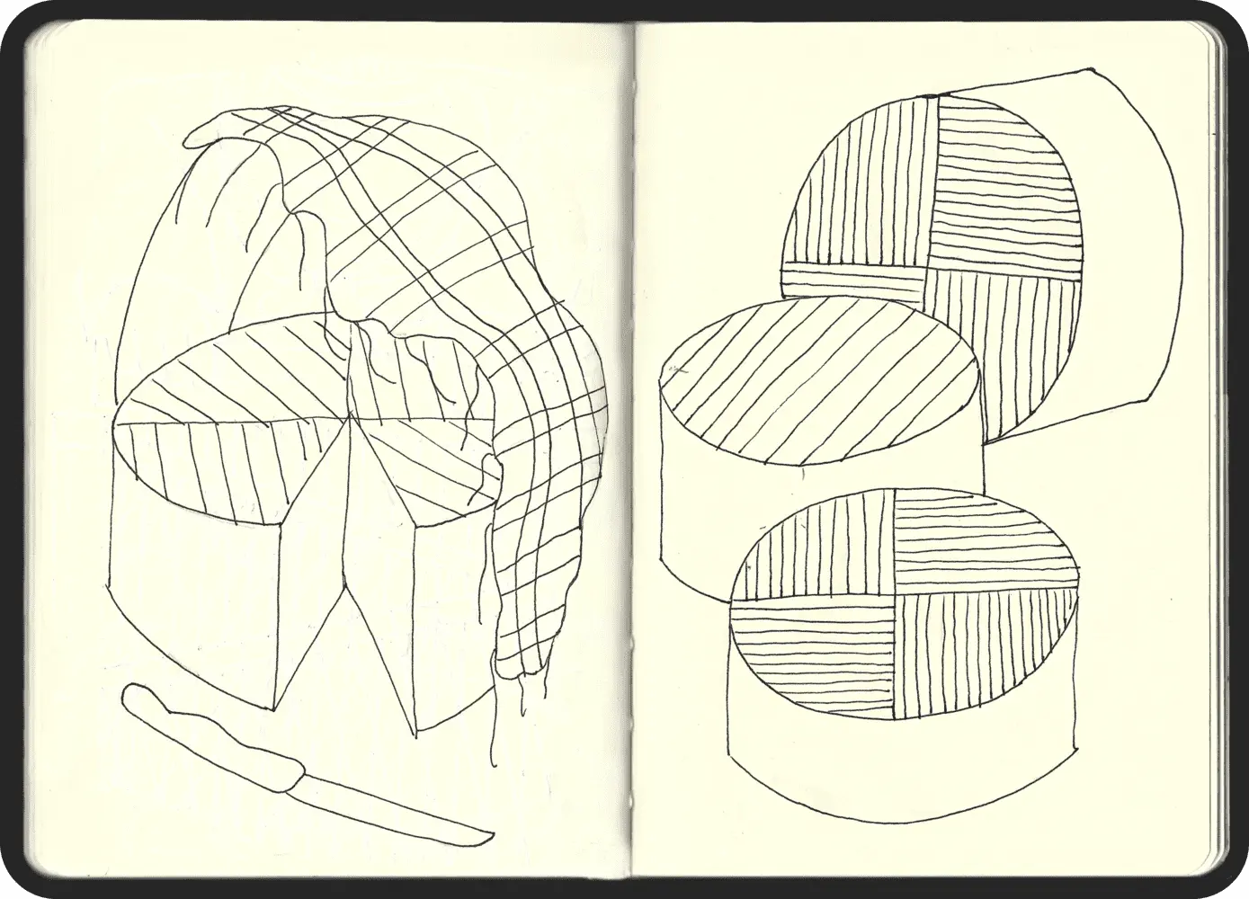 A minimalistic sketch by Jhon Boy for the Lava Circular brand identity, depicting circular cakes or cheese blocks divided into sections, with one partially covered by a patterned cloth. A knife is placed below, evoking themes of craft and tradition.