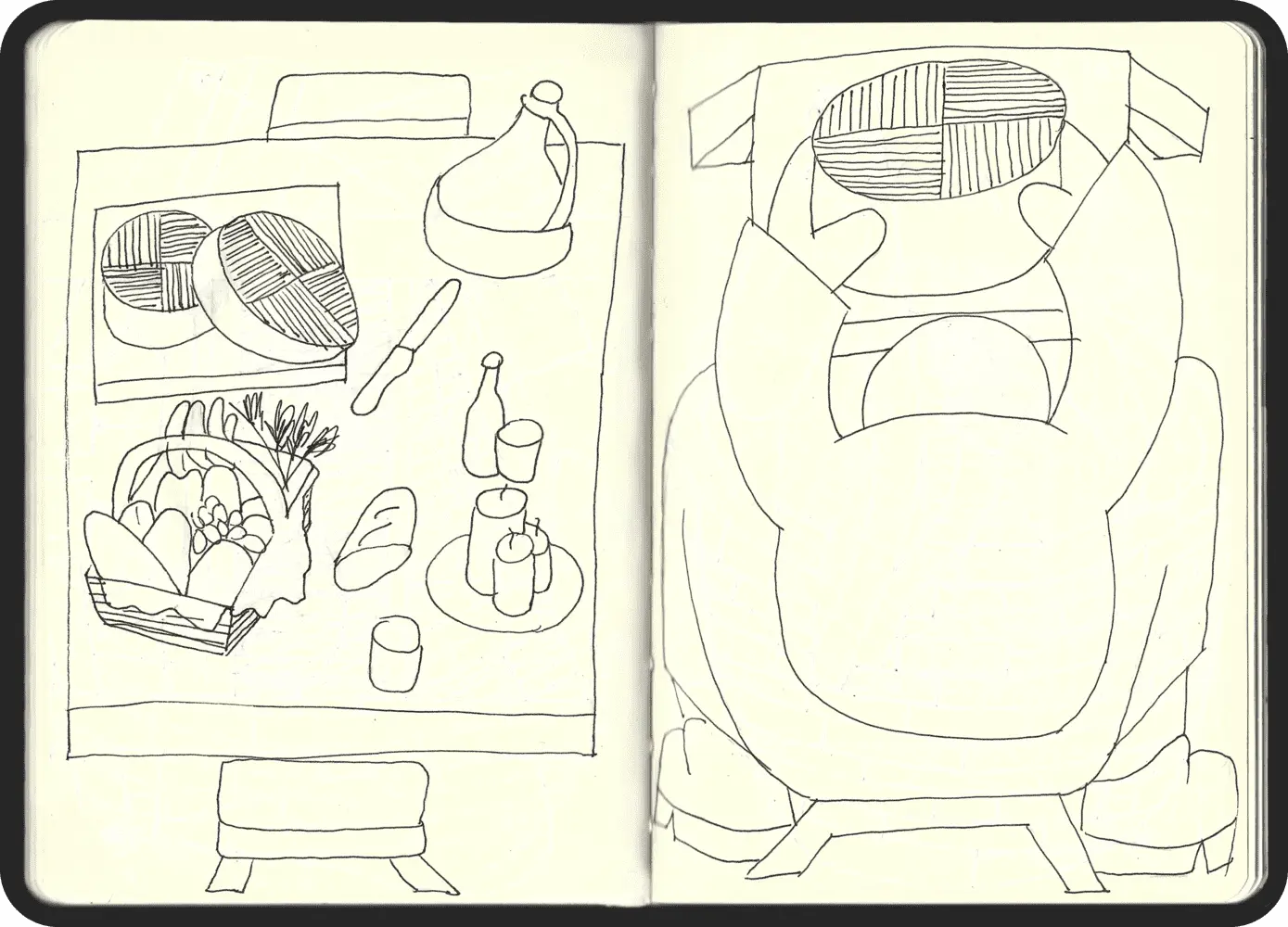 Another concept sketch by Jhon Boy for Lava Circular, depicting a table set with Canarian bread, wine, and produce, reflecting the gastronomy and communal aspects of the Canarian culture.